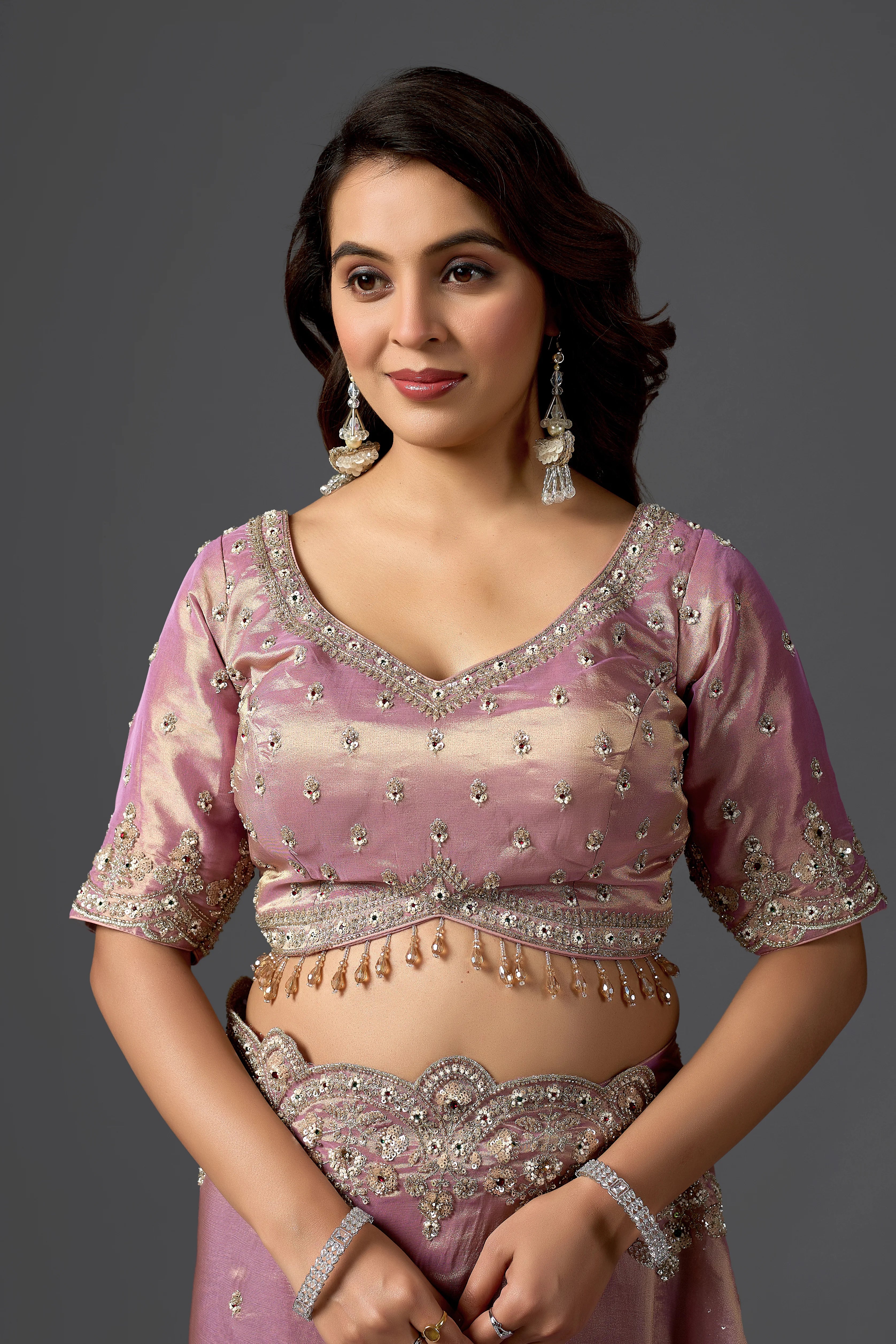 Dusty Mauve Tissue Saree With Intricate Pearl Work & Designer