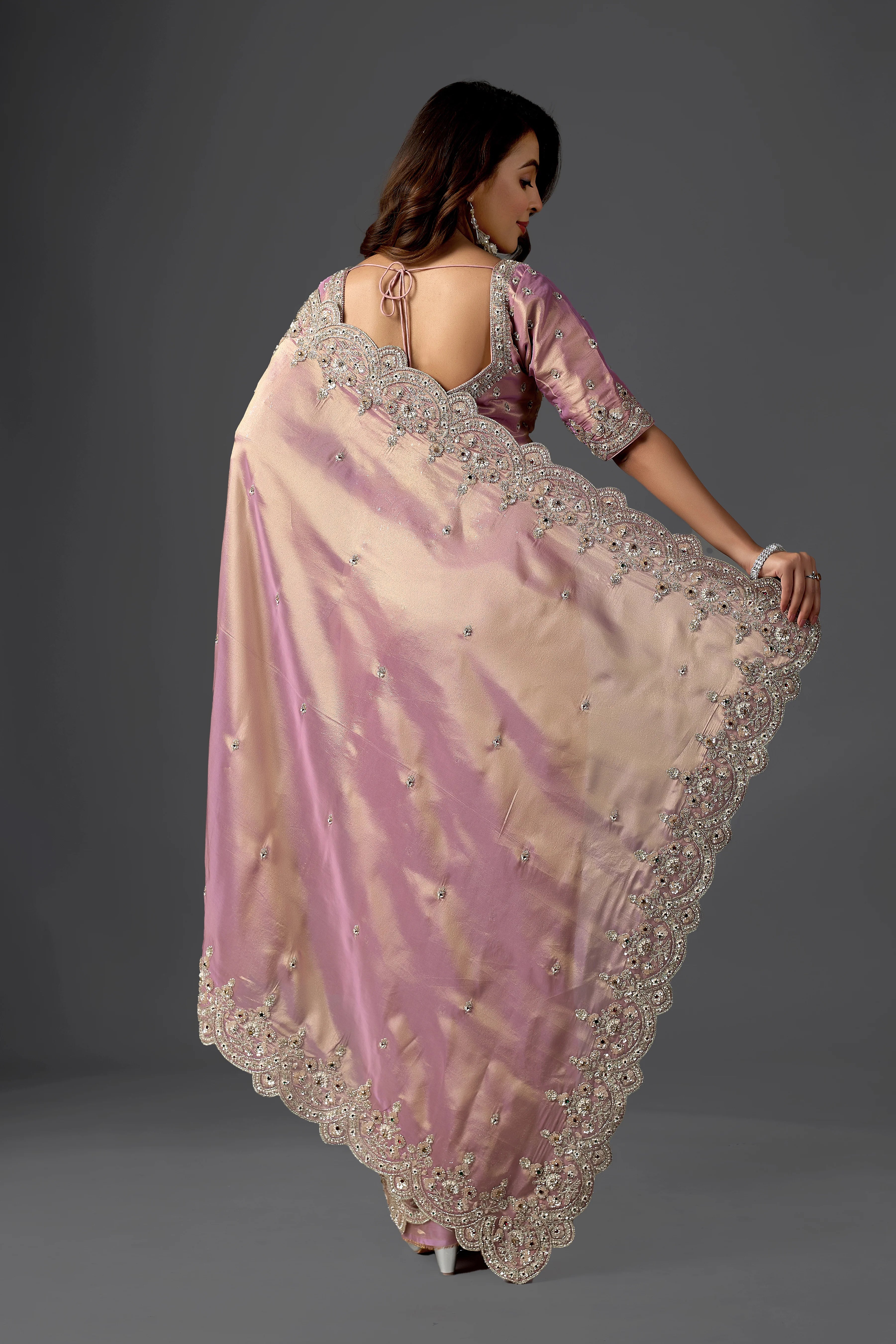 Dusty Mauve Tissue Saree With Intricate Pearl Work & Designer