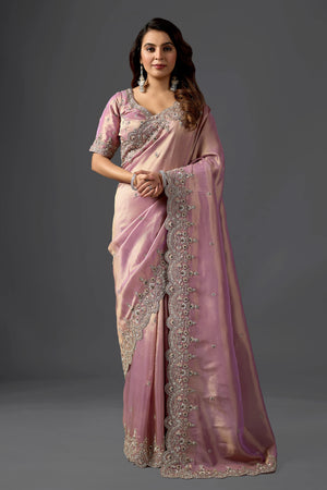 Dusty Mauve Tissue Saree With Intricate Pearl Work & Designer