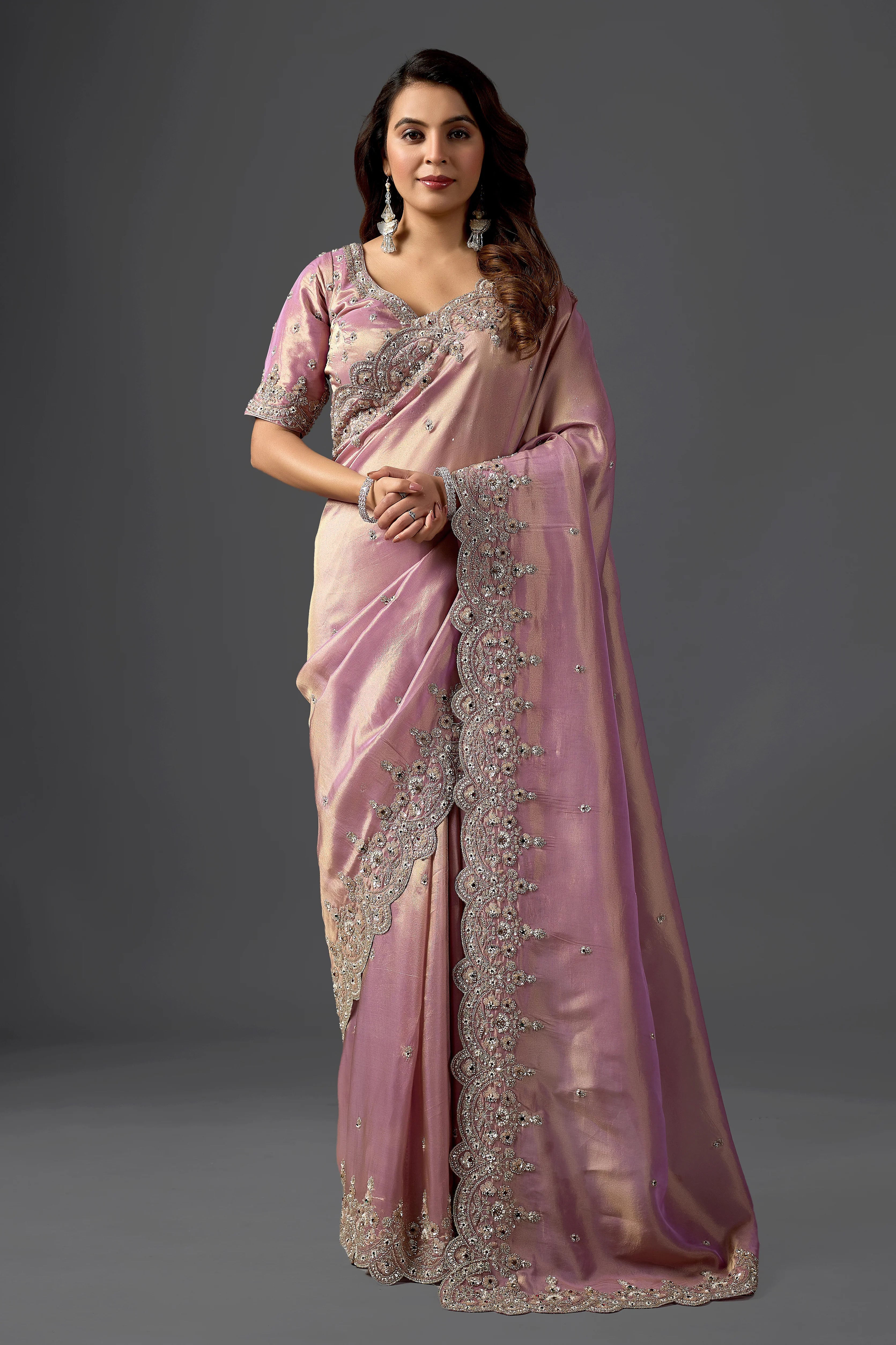 Dusty Mauve Tissue Saree With Intricate Pearl Work & Designer
