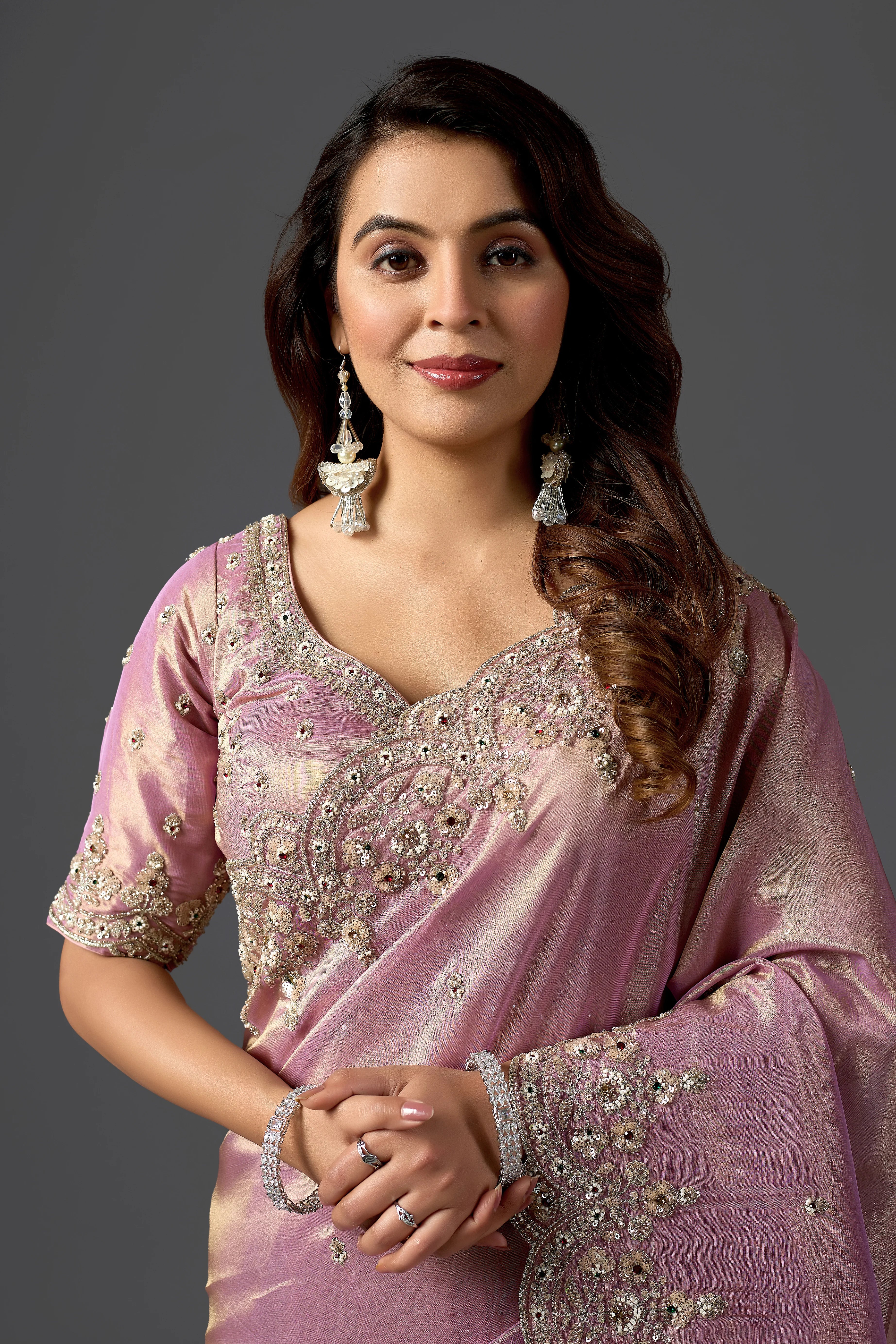 Dusty Mauve Tissue Saree With Intricate Pearl Work & Designer