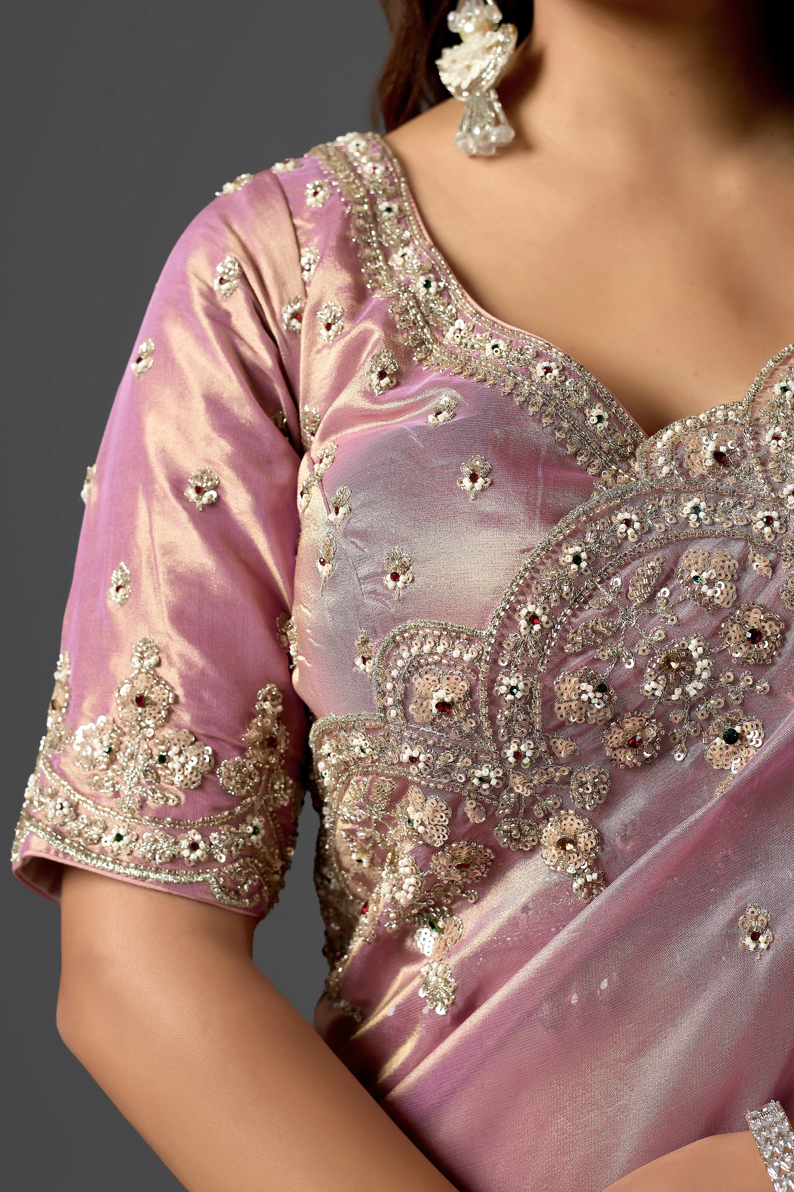 Dusty Mauve Tissue Saree With Intricate Pearl Work & Designer
