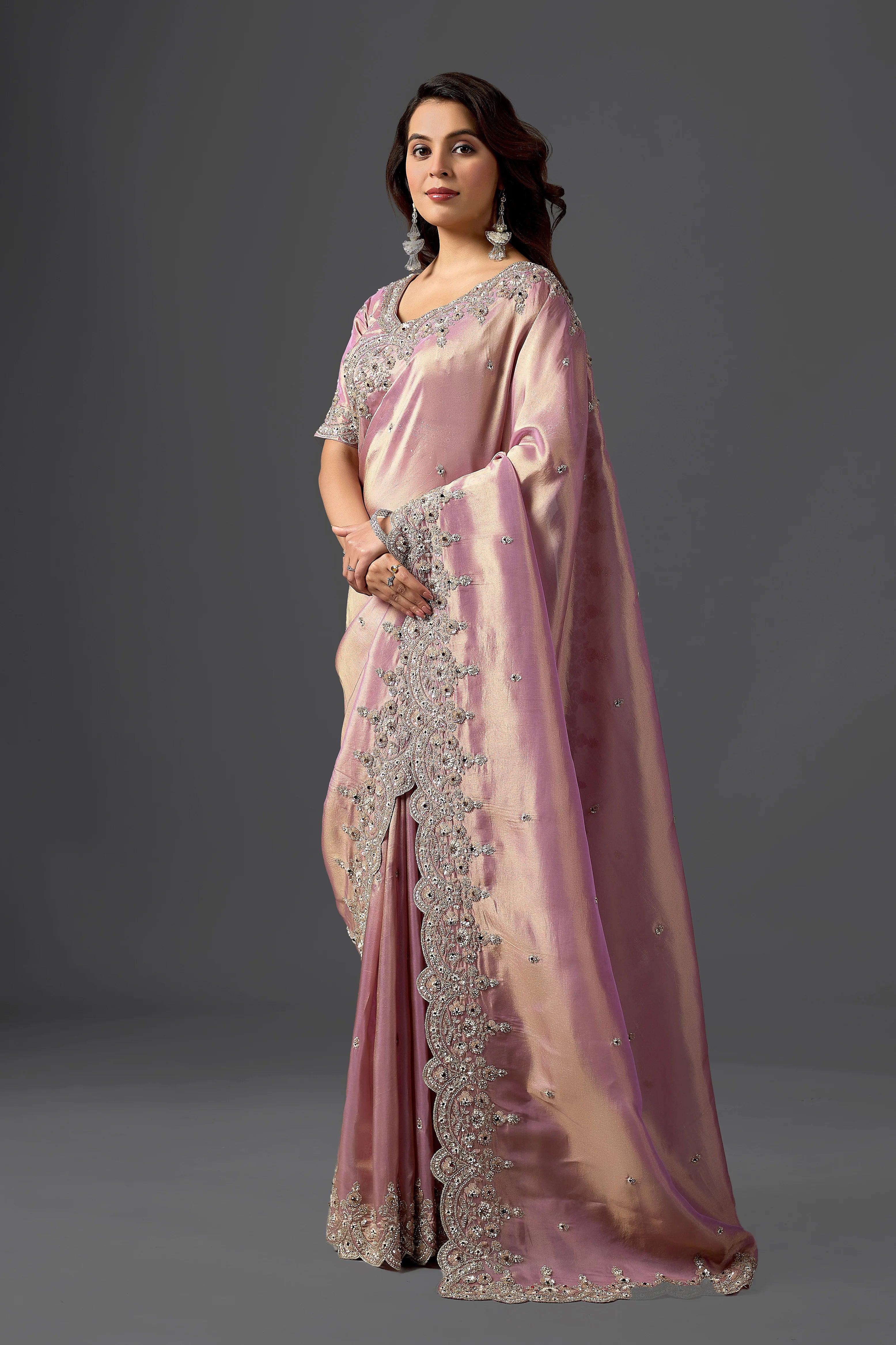 Dusty Mauve Tissue Saree With Intricate Pearl Work & Designer