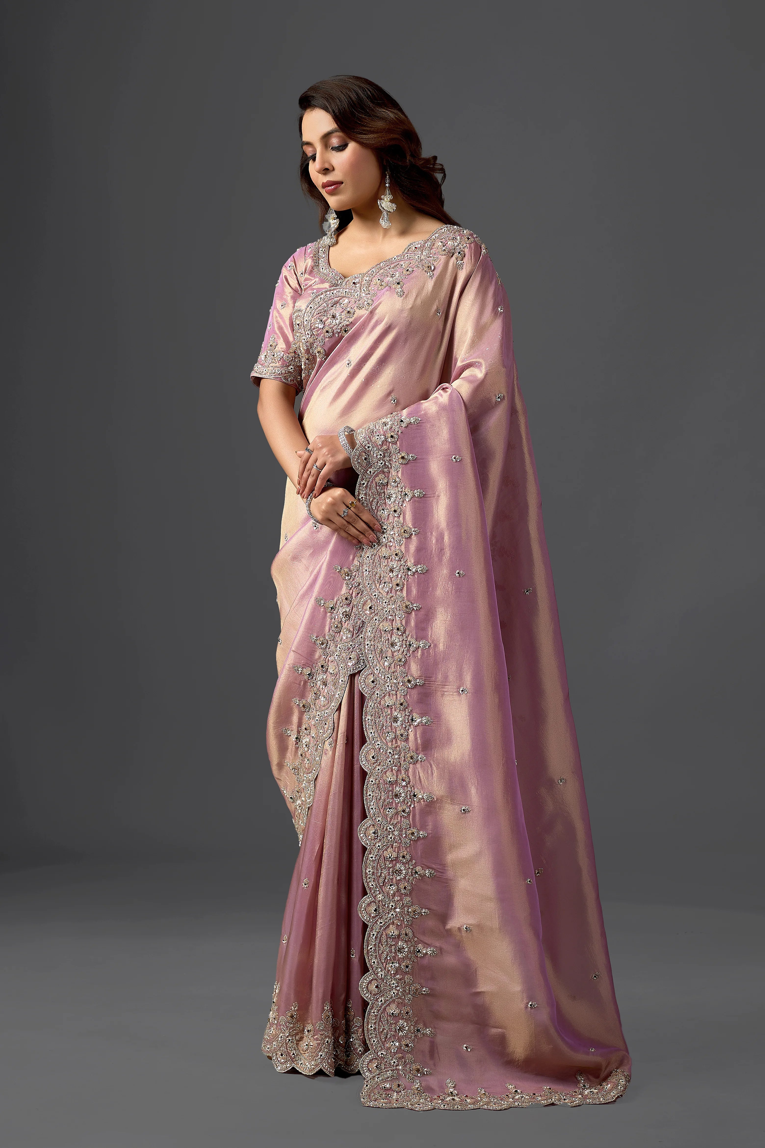 Dusty Mauve Tissue Saree With Intricate Pearl Work & Designer