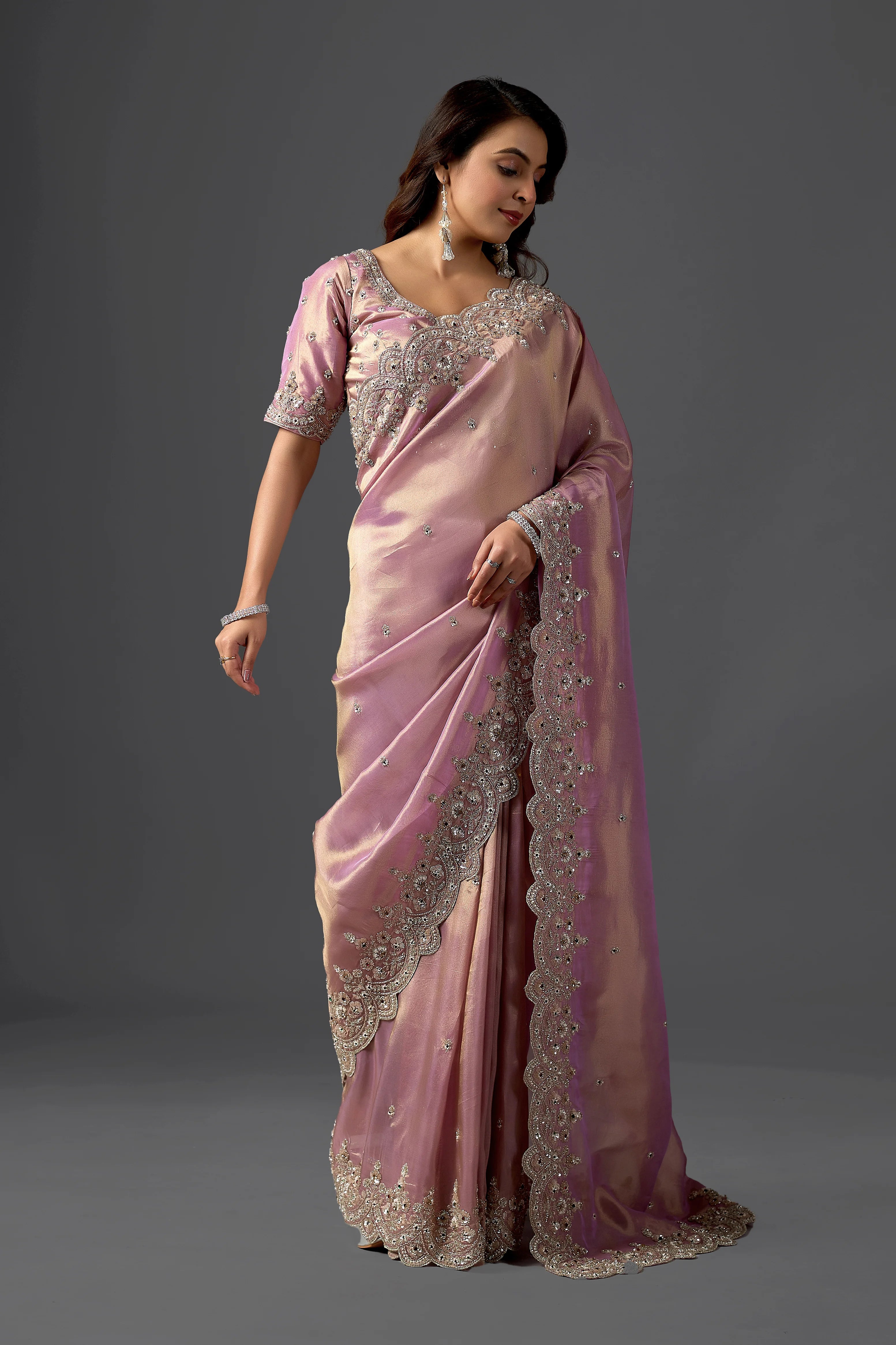 Dusty Mauve Tissue Saree With Intricate Pearl Work & Designer