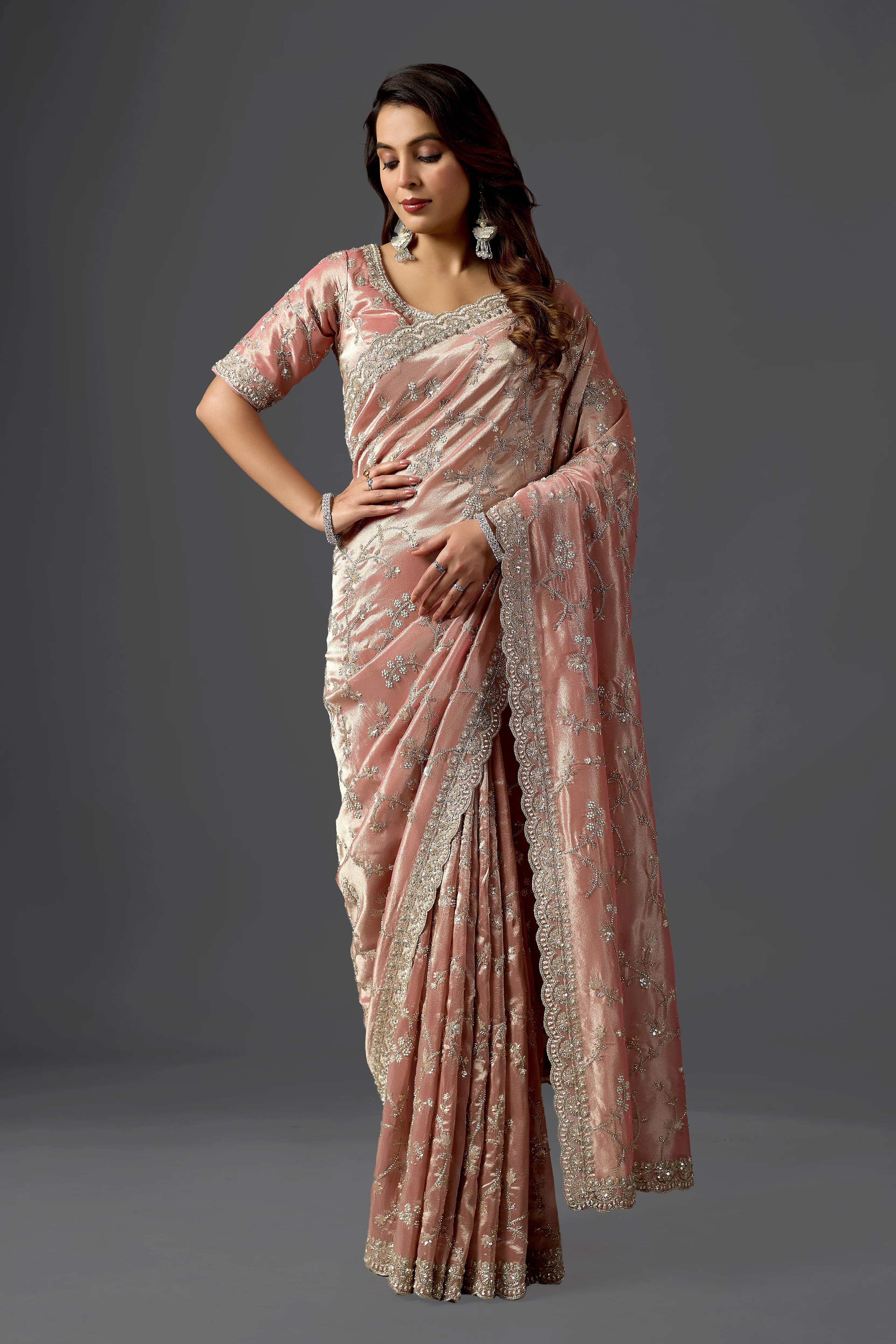 Blush Pink Tissue Saree With Cutdana And Sequin Embroidery