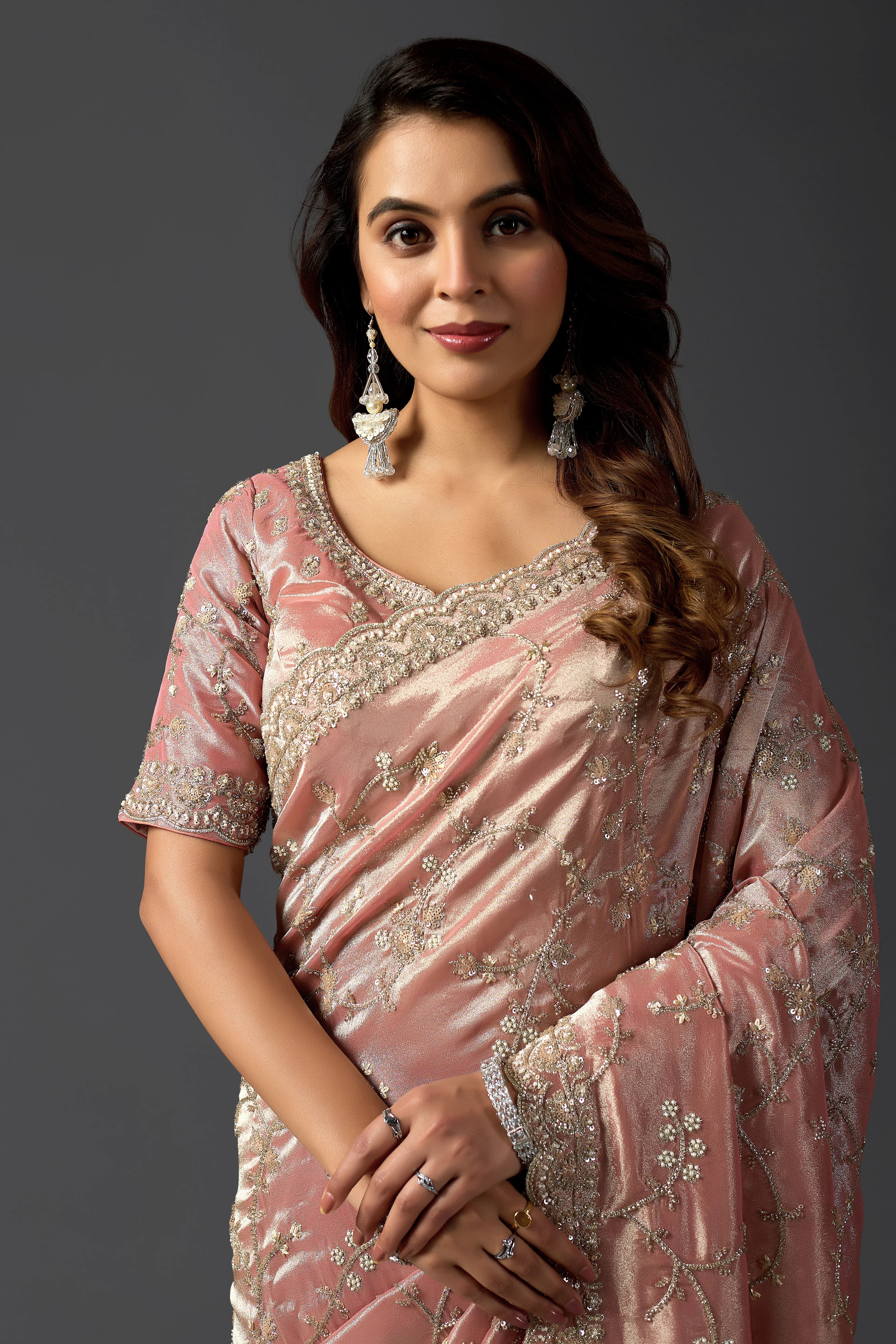 Blush Pink Tissue Saree With Cutdana And Sequin Embroidery