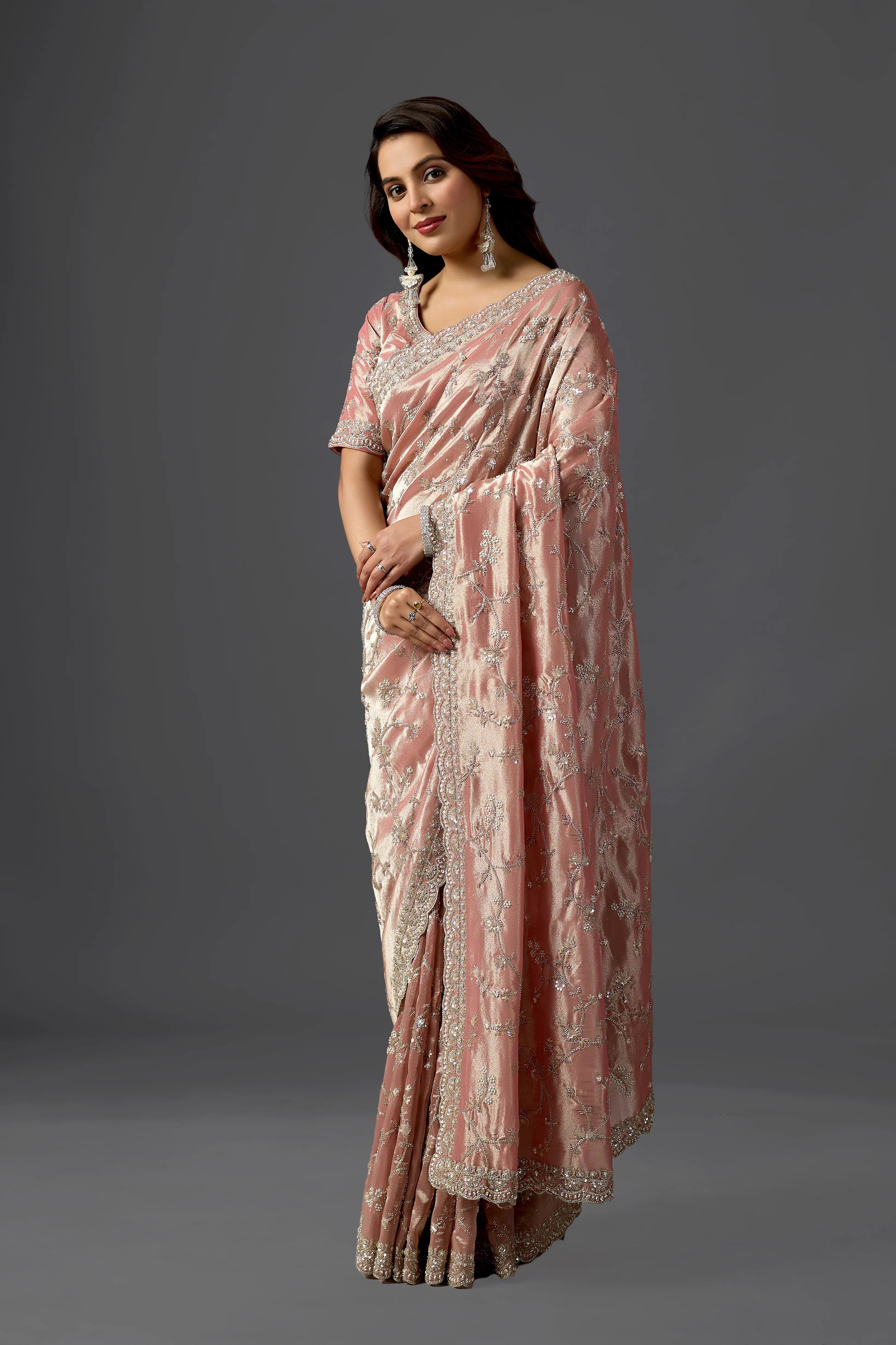 Blush Pink Tissue Saree With Cutdana And Sequin Embroidery