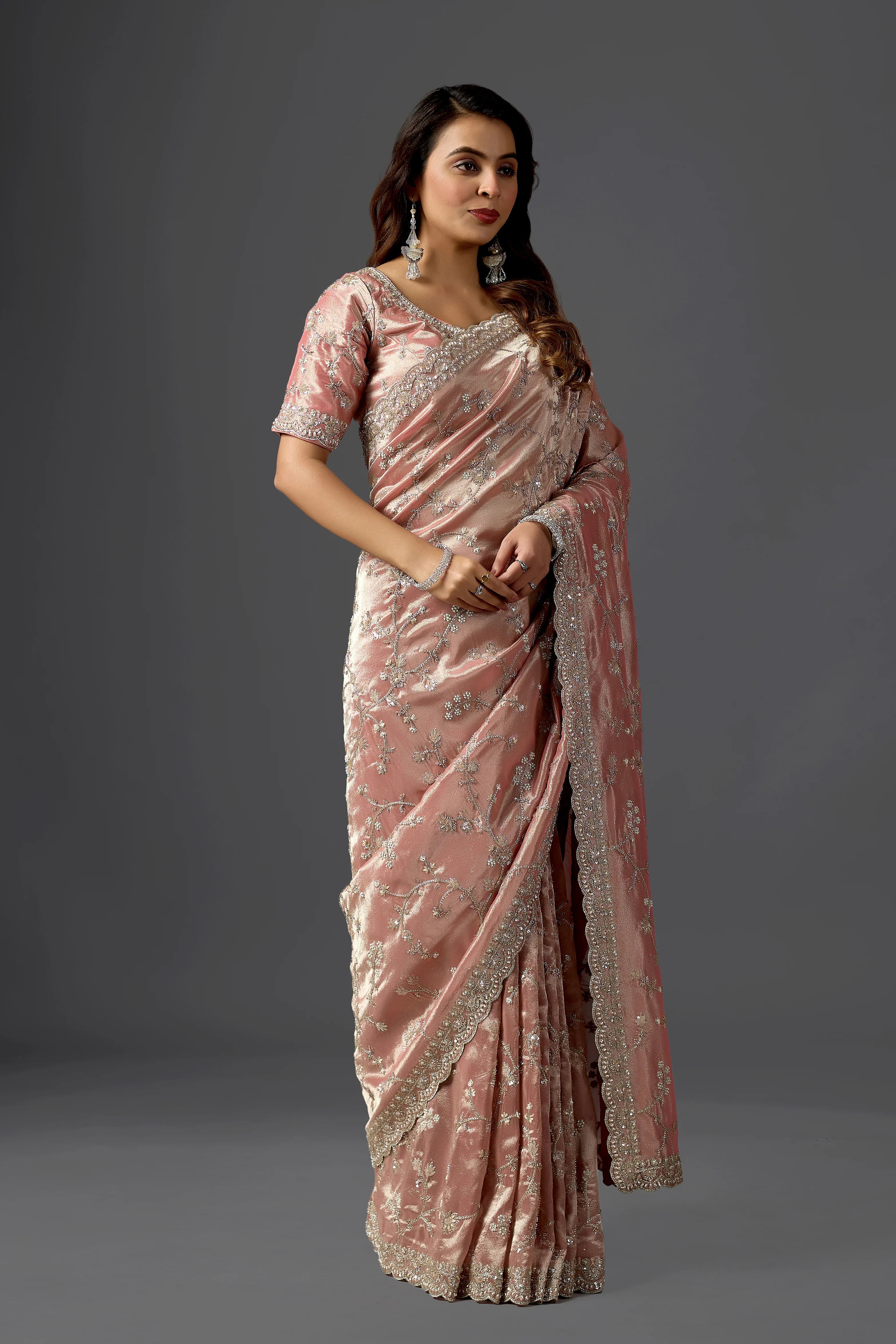 Blush Pink Tissue Saree With Cutdana And Sequin Embroidery