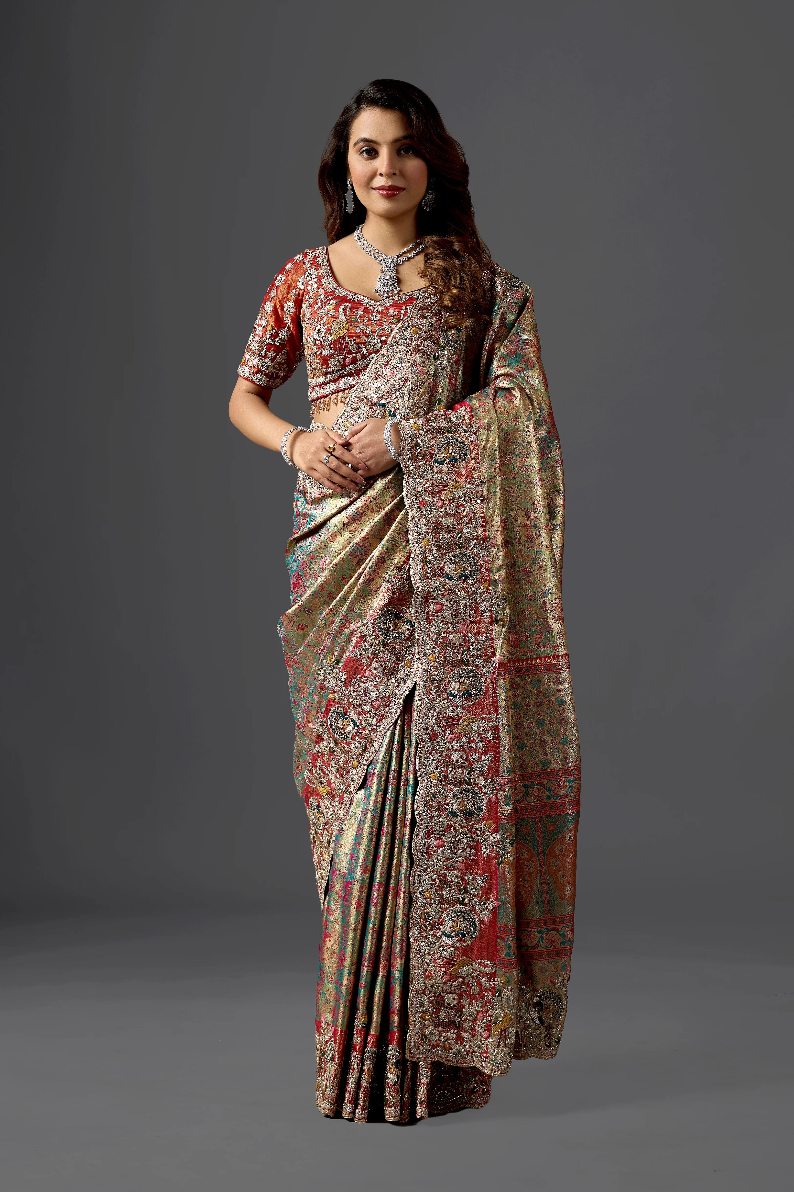 Firozi Kanjivaram Silk Saree with Subtle Embroidered Blouse