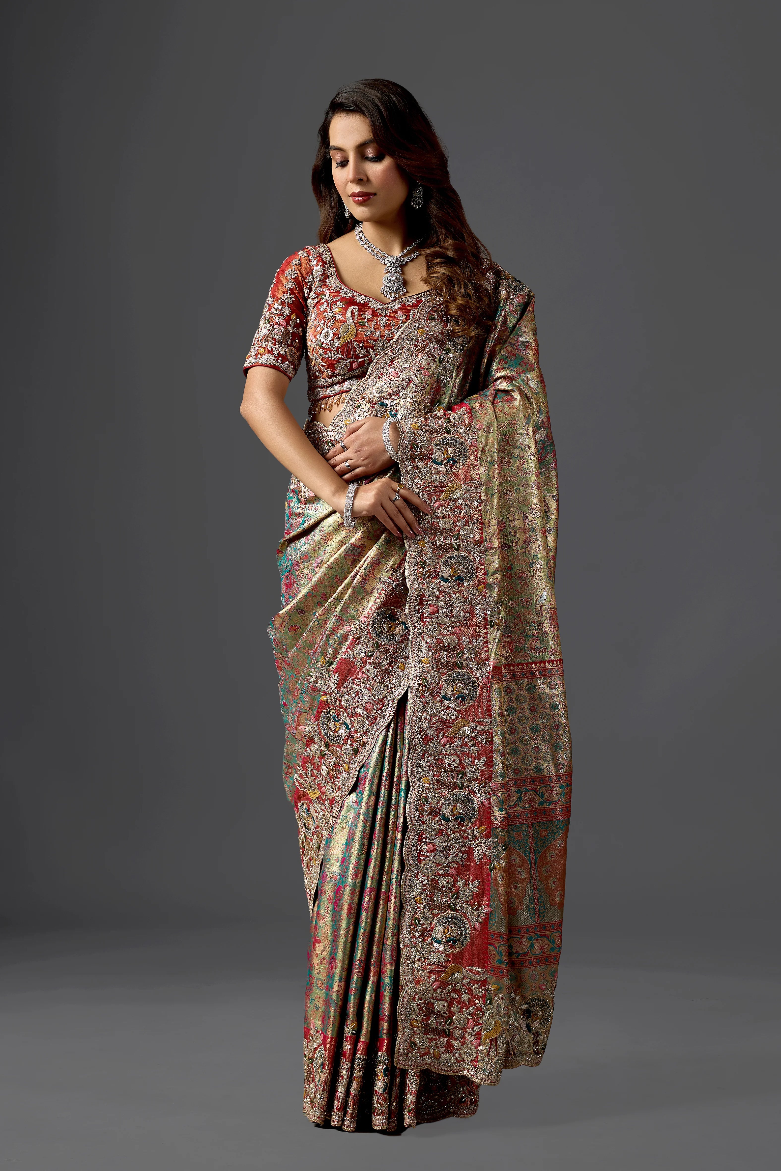 Firozi Kanjivaram Silk Saree with Subtle Embroidered Blouse