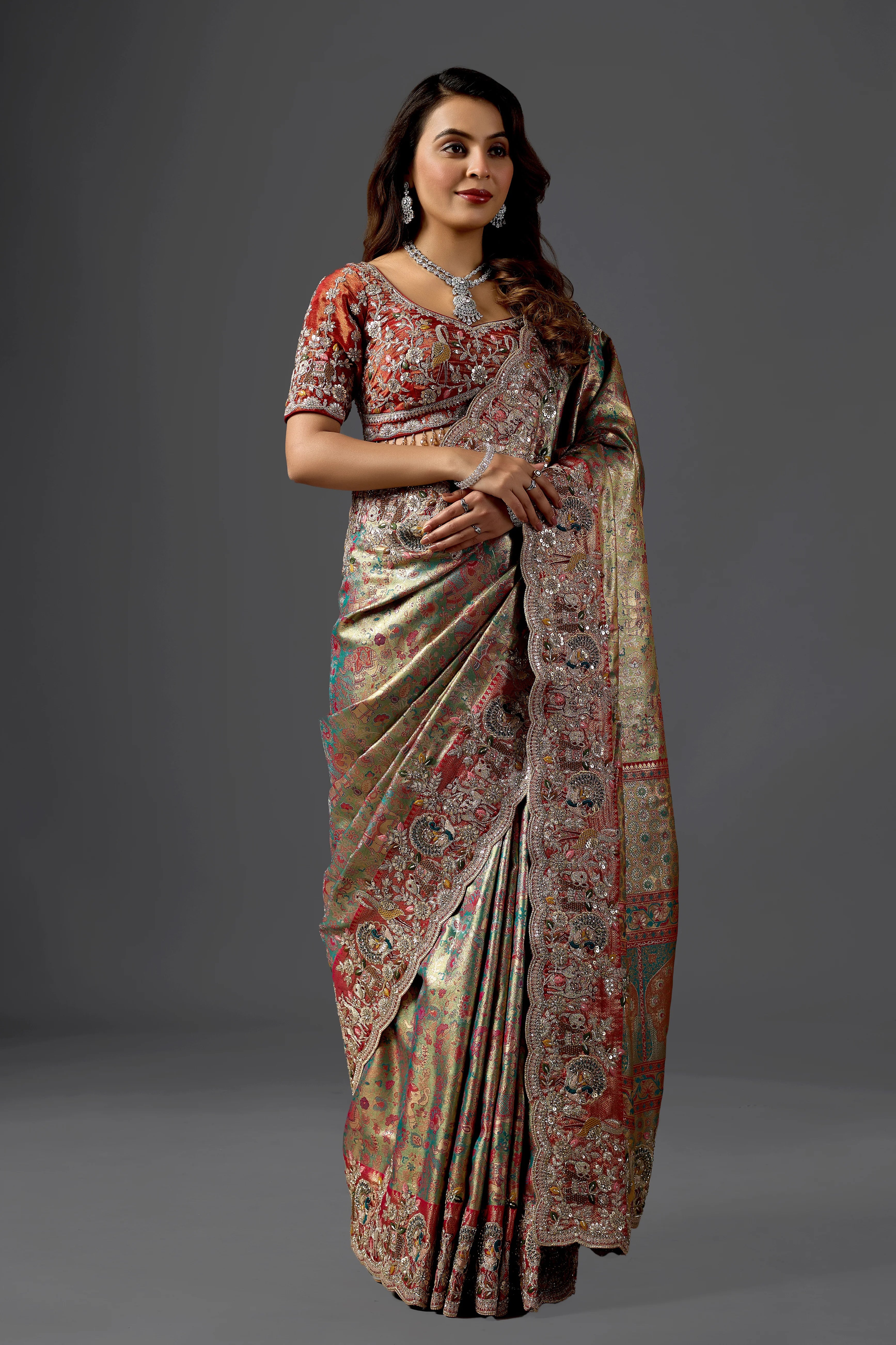Firozi Kanjivaram Silk Saree with Subtle Embroidered Blouse