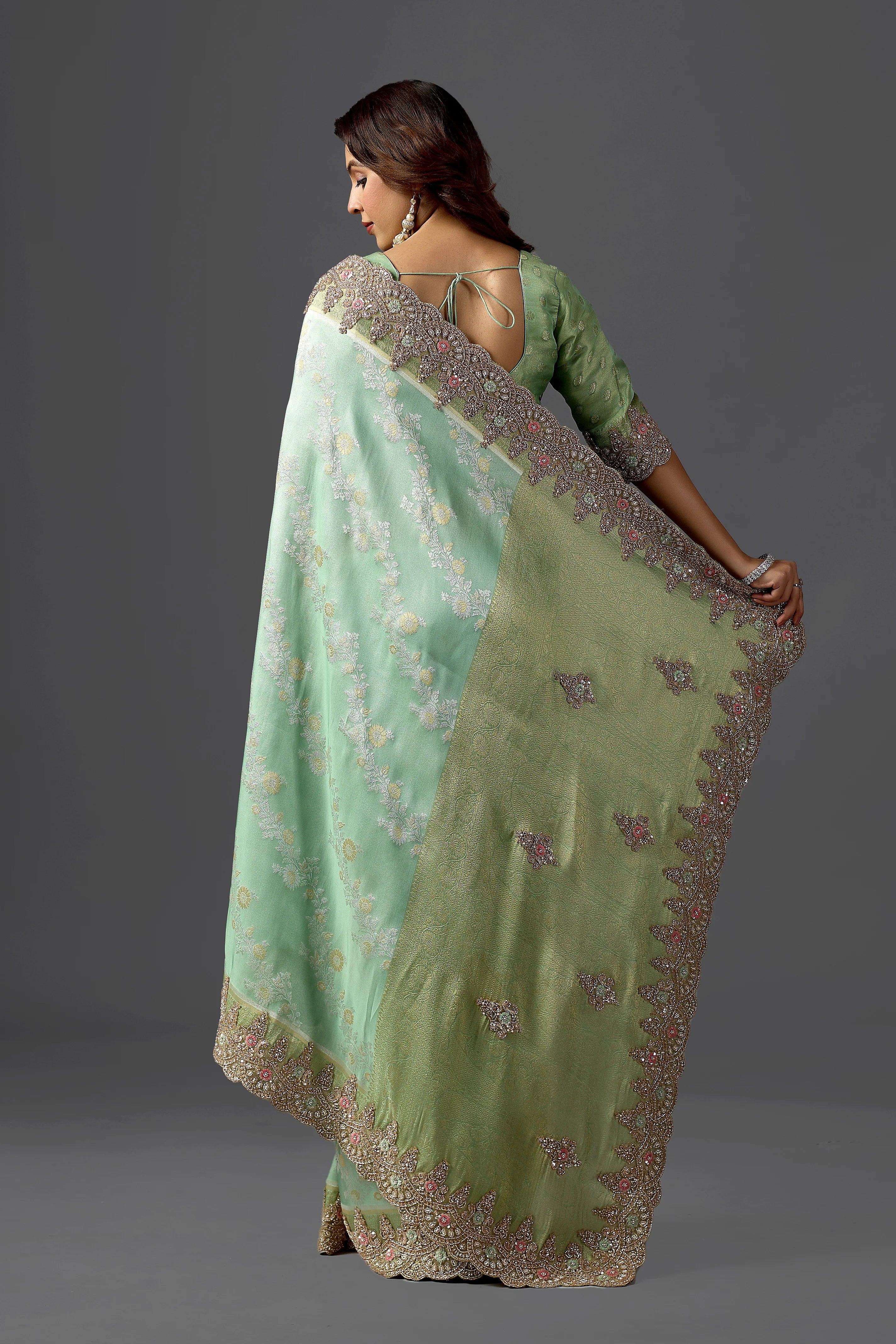 Mint Green Tissue Saree With Intricate Cutdana Scalloped Border