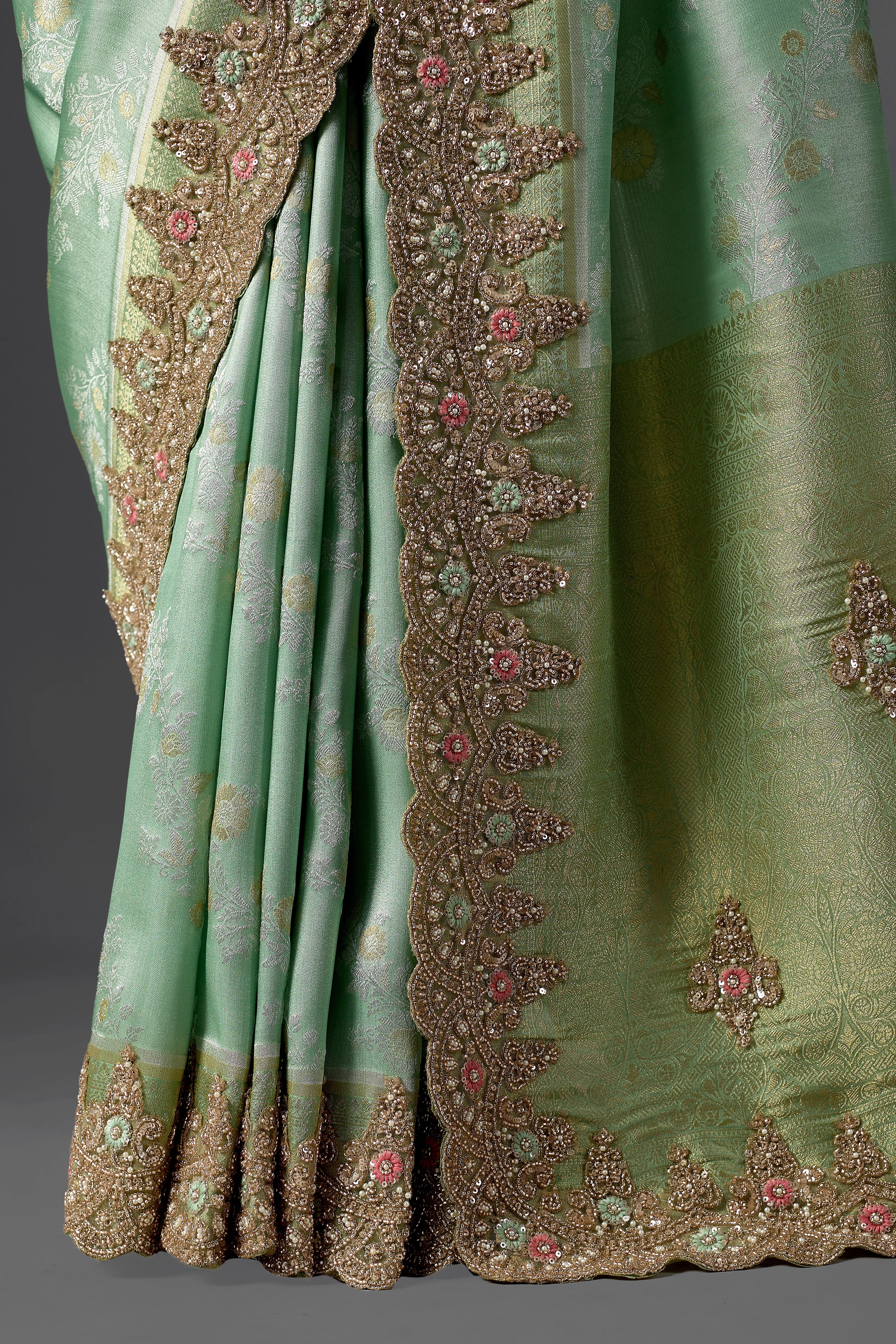 Mint Green Tissue Saree With Intricate Cutdana Scalloped Border