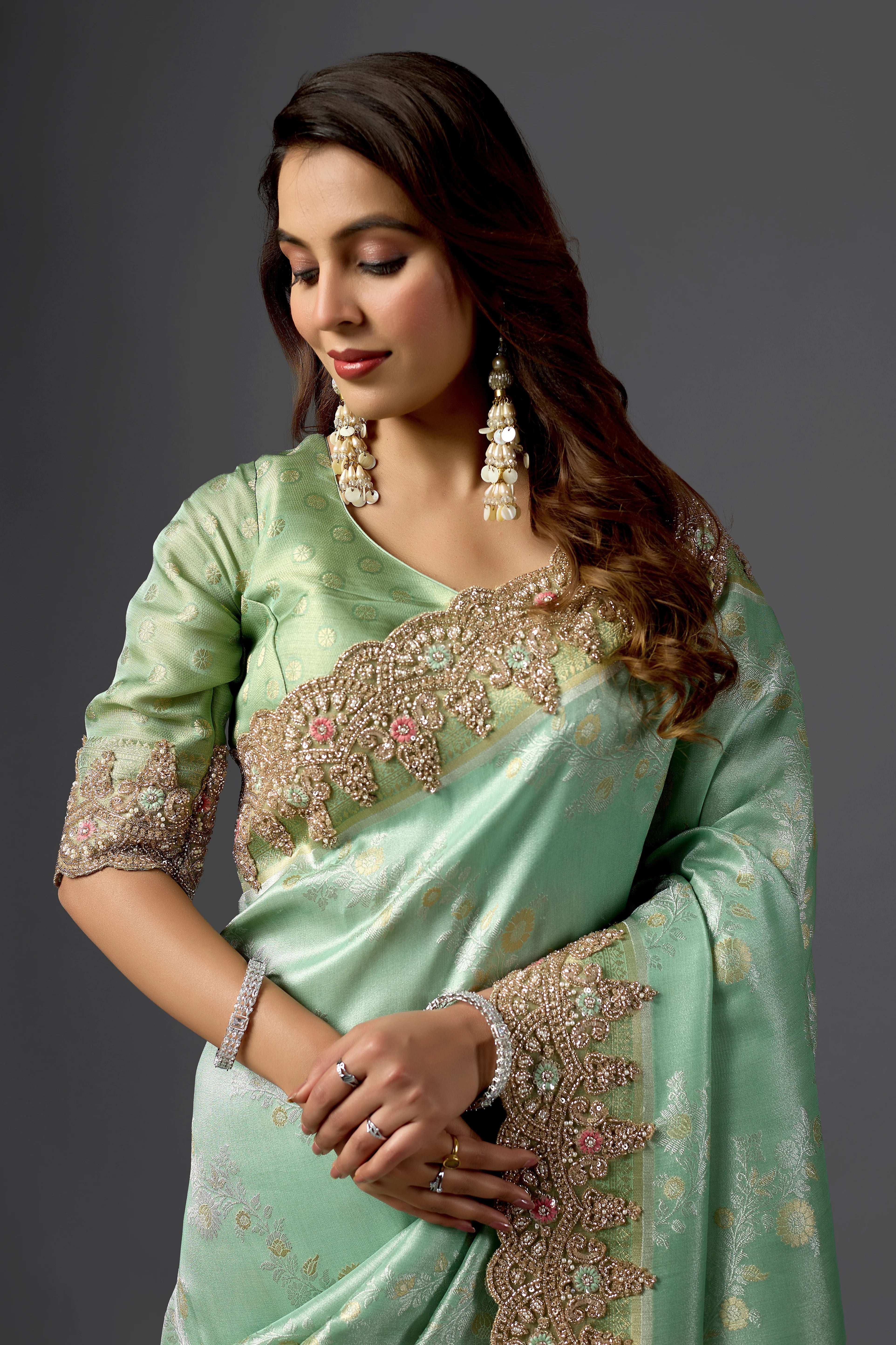 Mint Green Tissue Saree With Intricate Cutdana Scalloped Border
