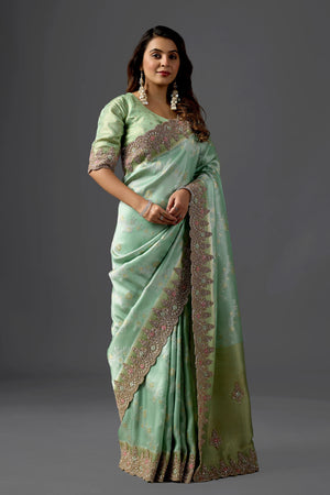 Mint Green Tissue Saree With Intricate Cutdana Scalloped Border