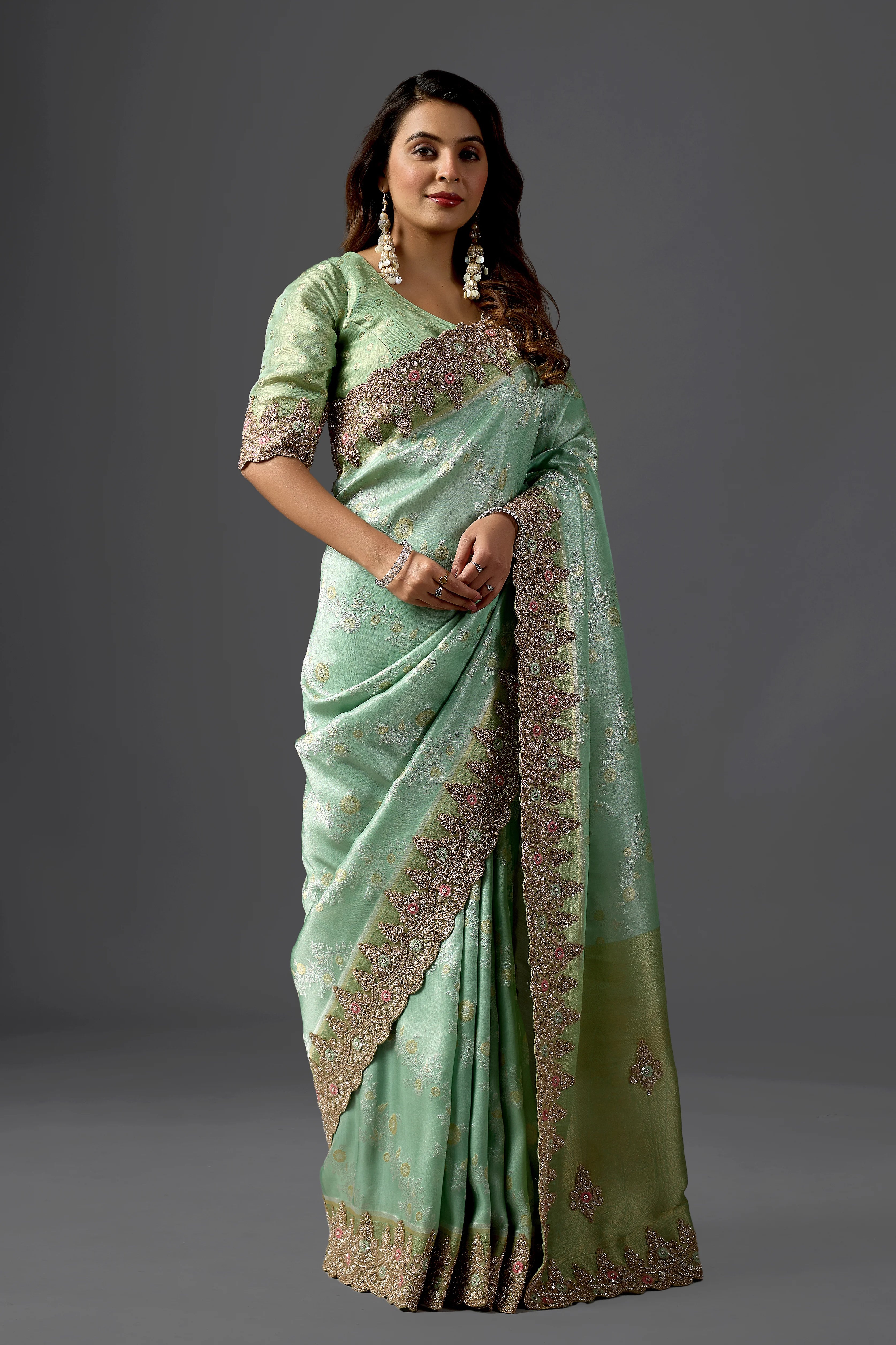 Mint Green Tissue Saree With Intricate Cutdana Scalloped Border