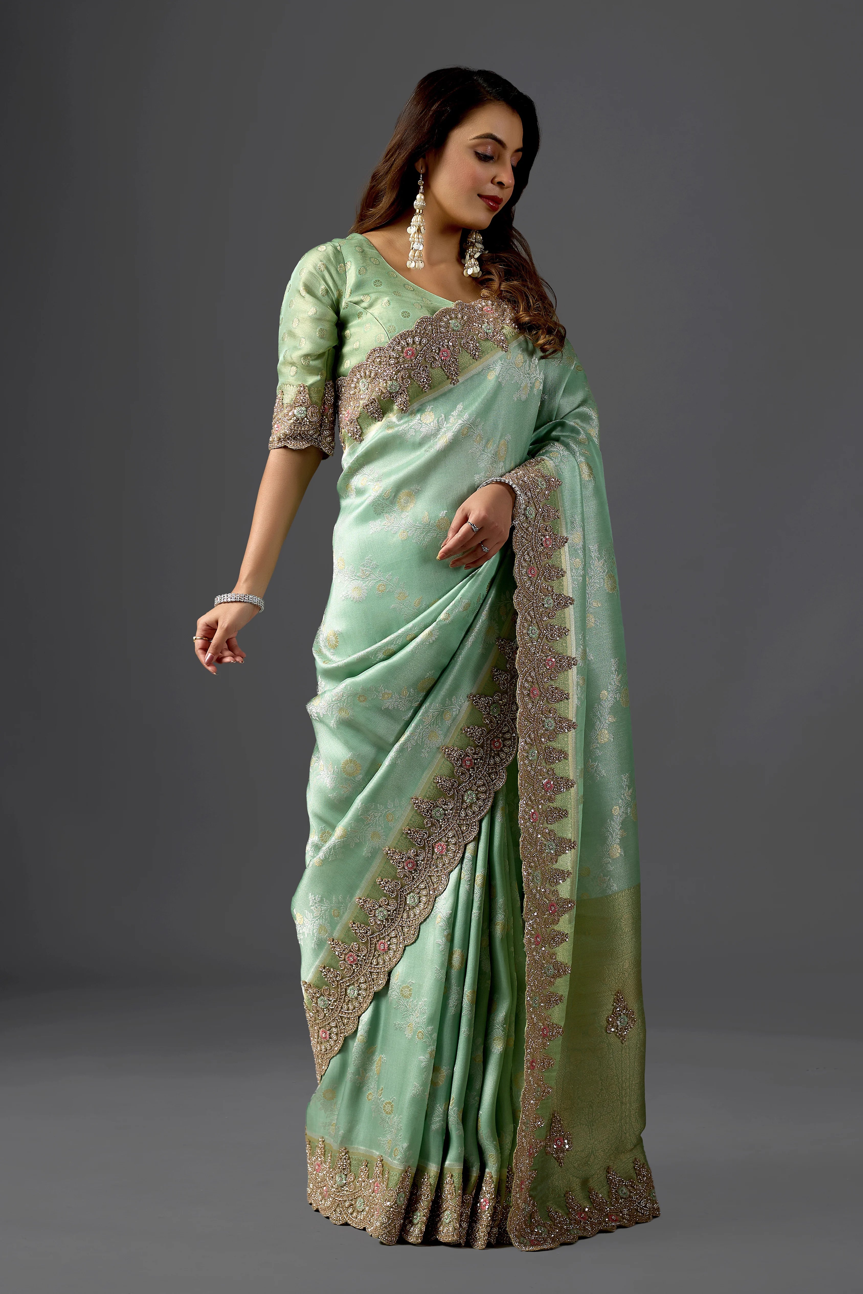 Mint Green Tissue Saree With Intricate Cutdana Scalloped Border
