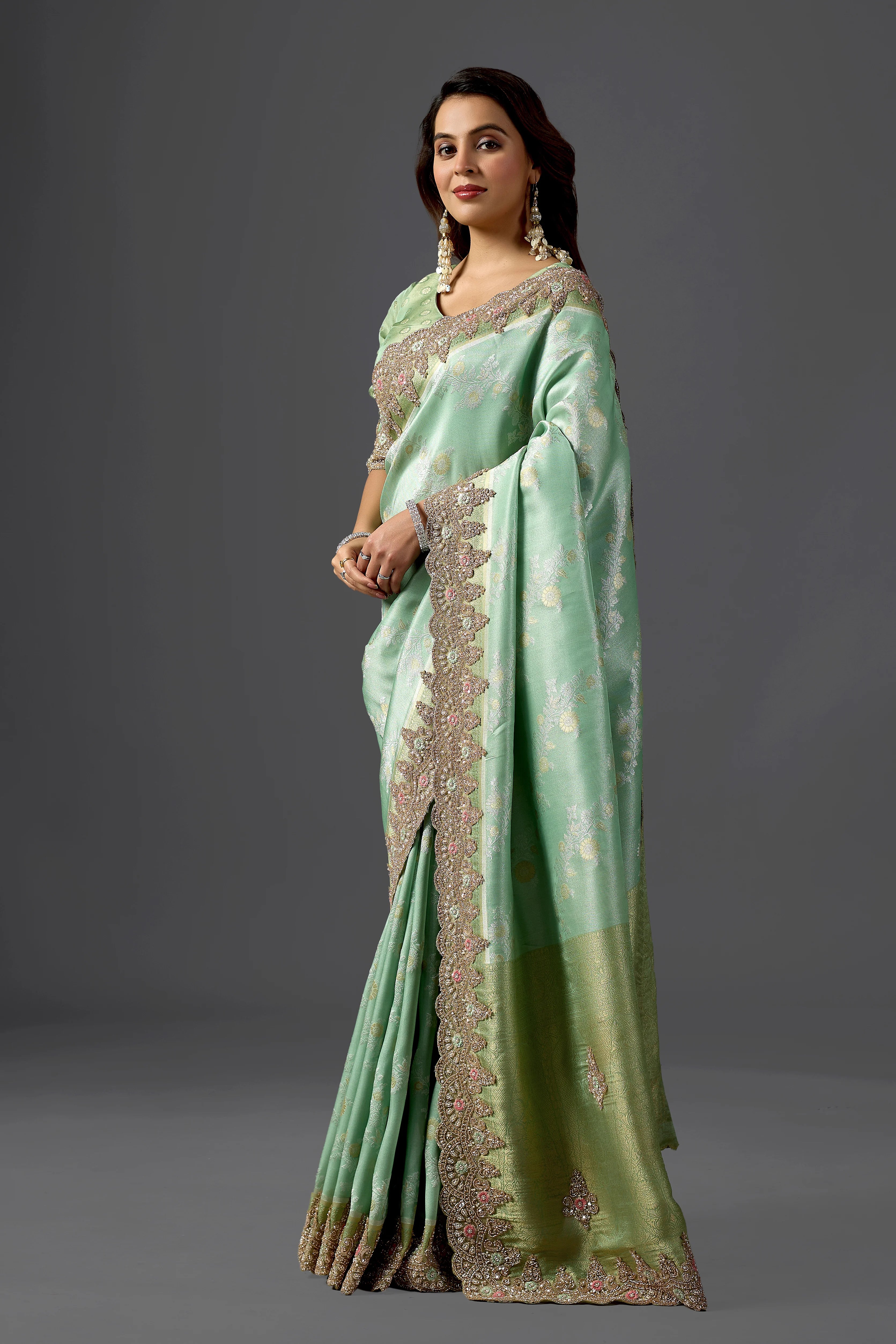 Mint Green Tissue Saree With Intricate Cutdana Scalloped Border