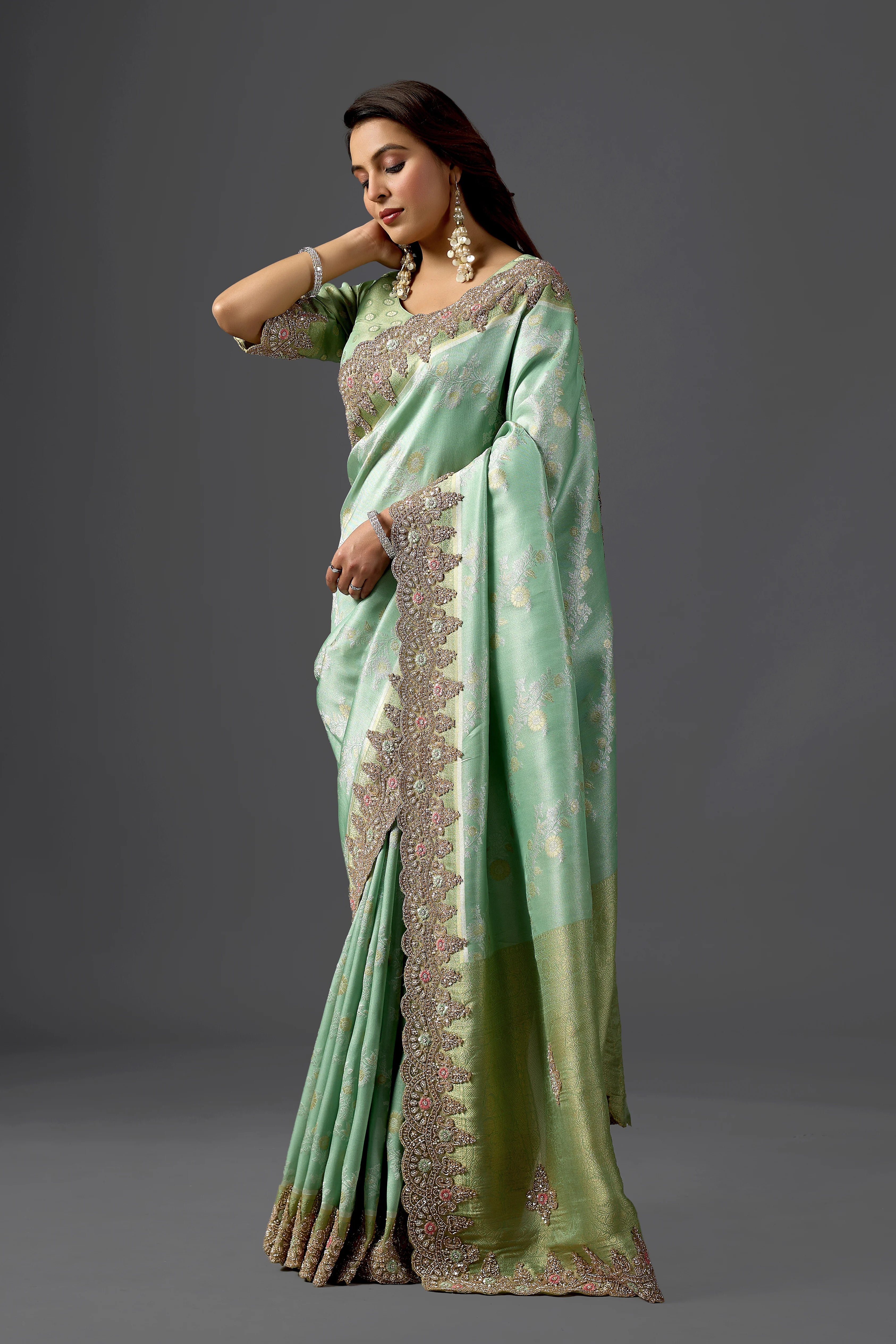 Mint Green Tissue Saree With Intricate Cutdana Scalloped Border