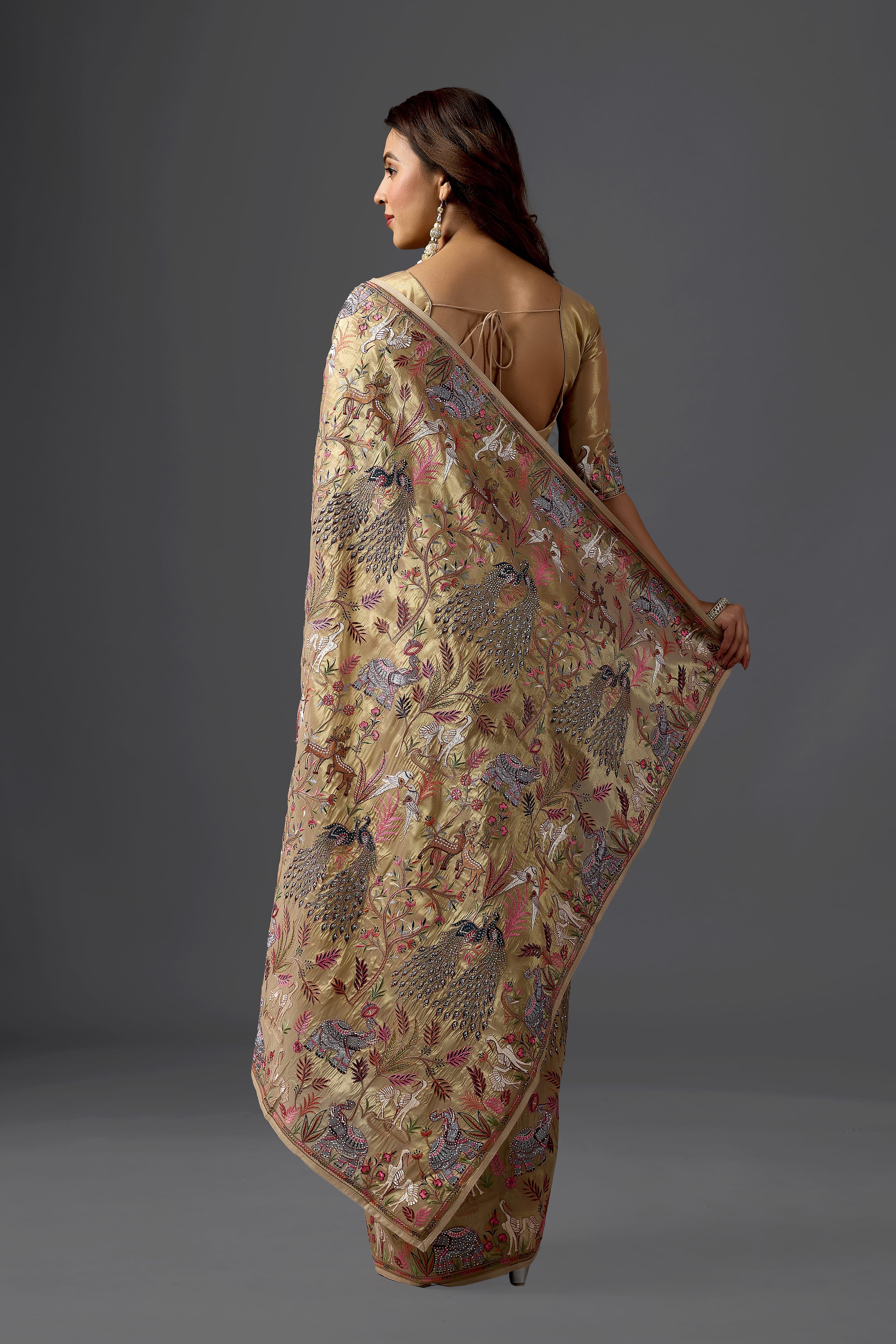 Beige giraffe Woven Saree with Nature Motif Embroidery