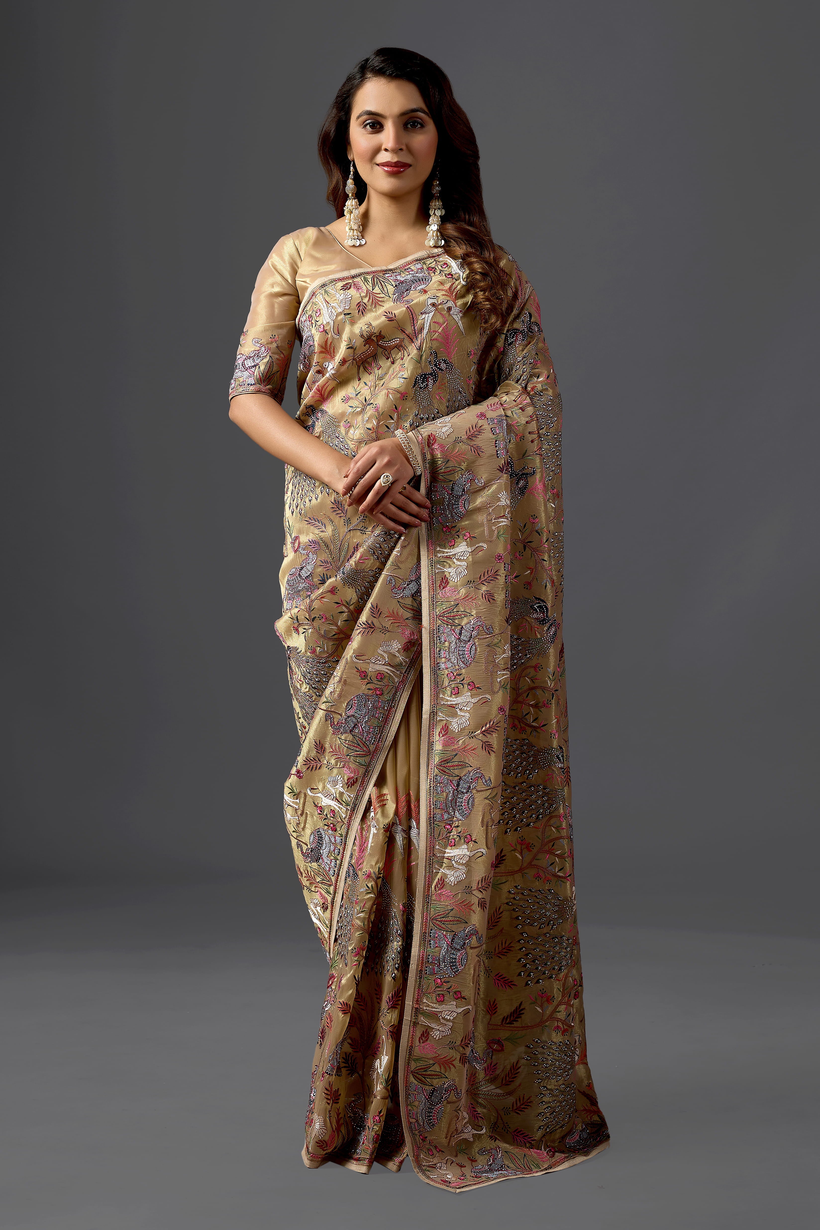 Beige giraffe Woven Saree with Nature Motif Embroidery