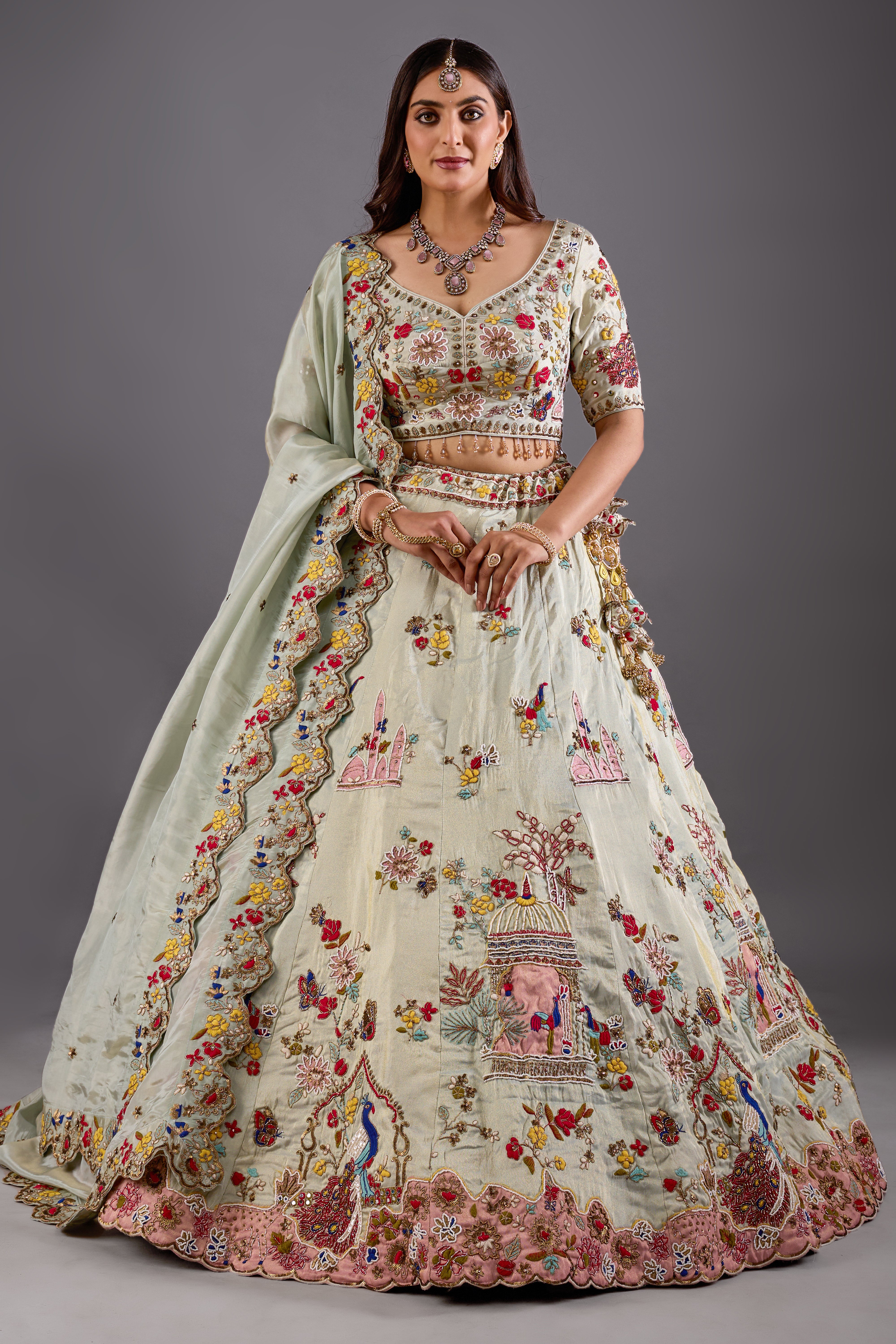 Pastel Peacock Paradise Heavy Embroidered Wedding Lehenga