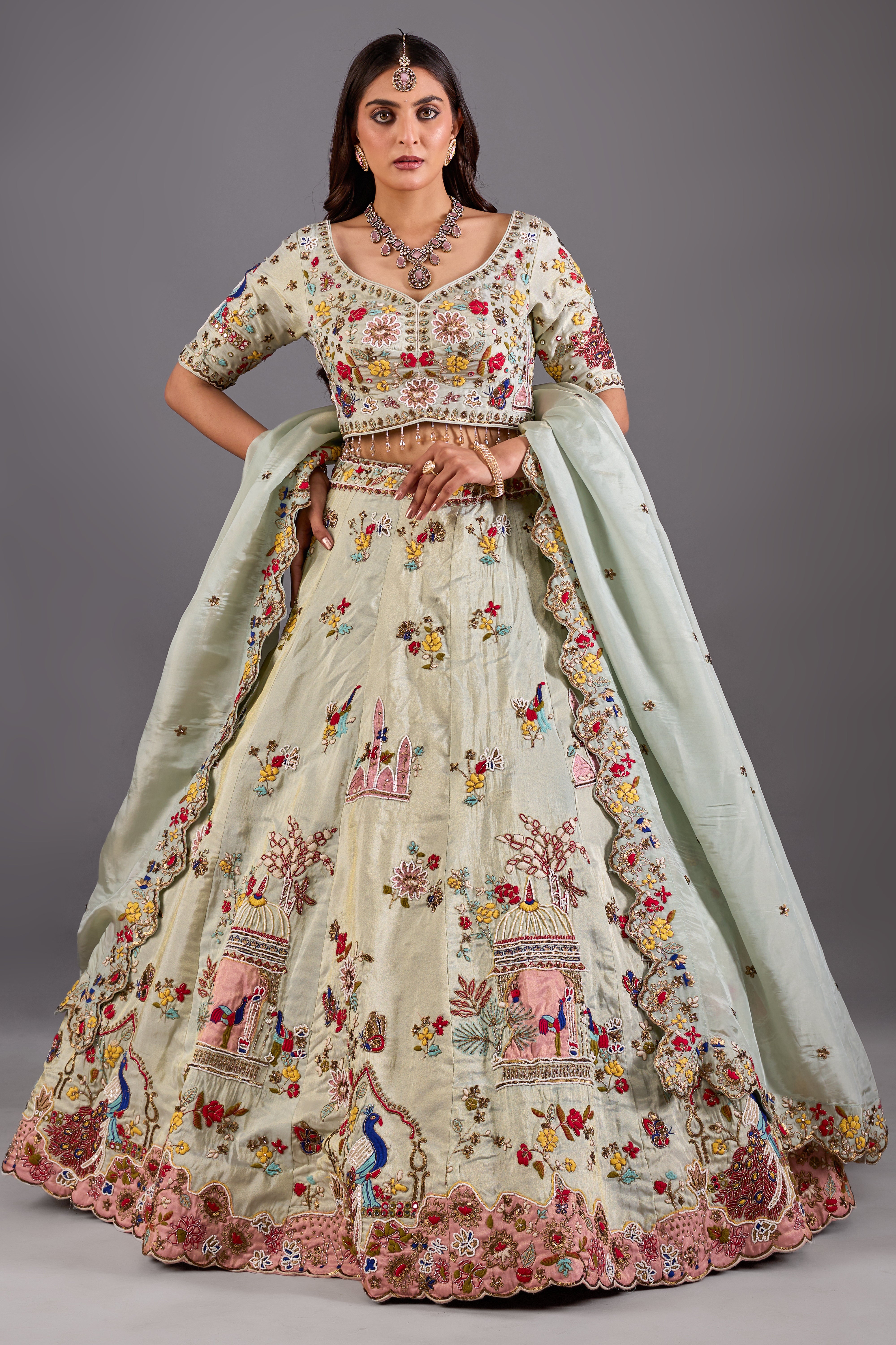 Pastel Peacock Paradise Heavy Embroidered Wedding Lehenga