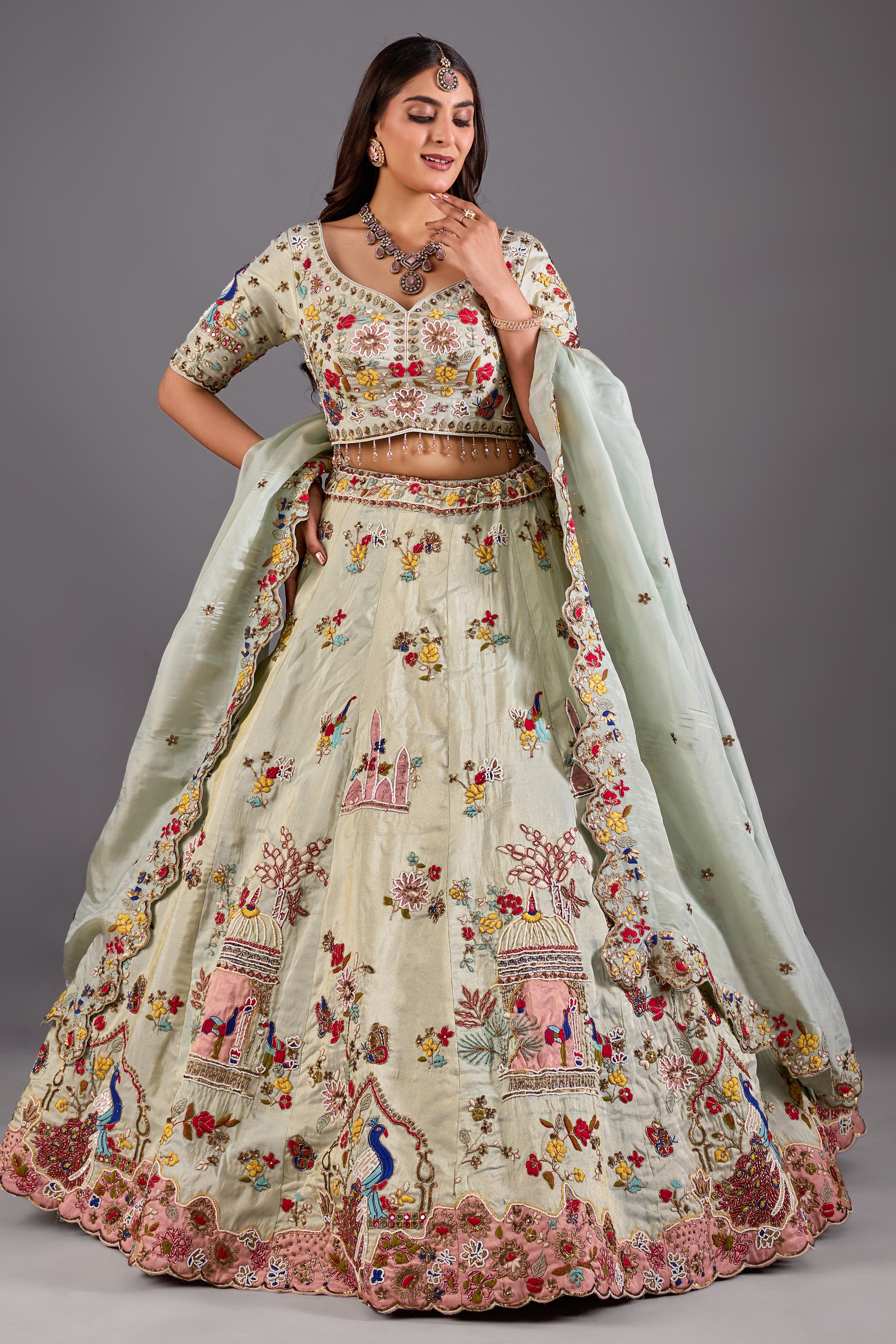 Pastel Peacock Paradise Heavy Embroidered Wedding Lehenga