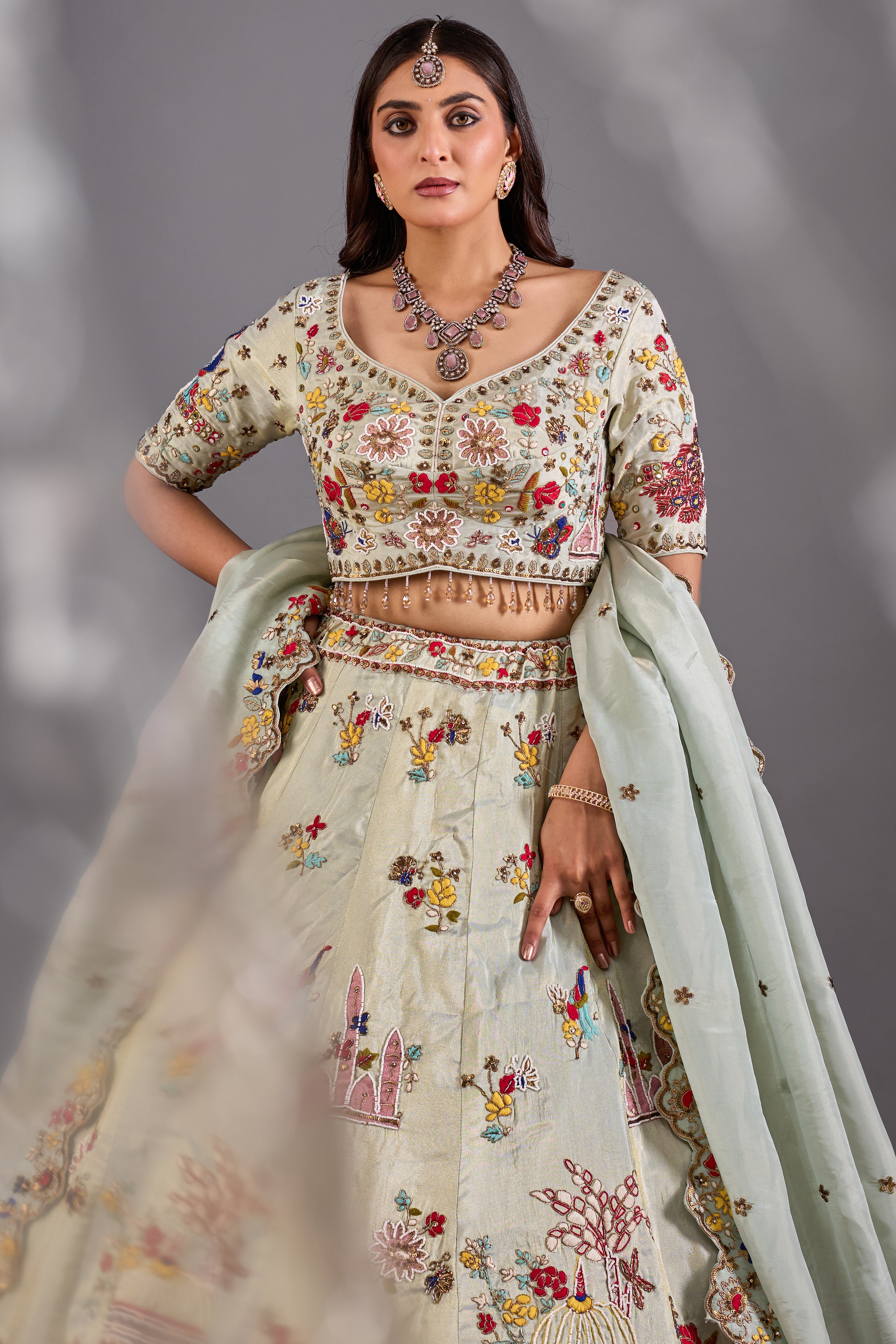 Pastel Peacock Paradise Heavy Embroidered Wedding Lehenga