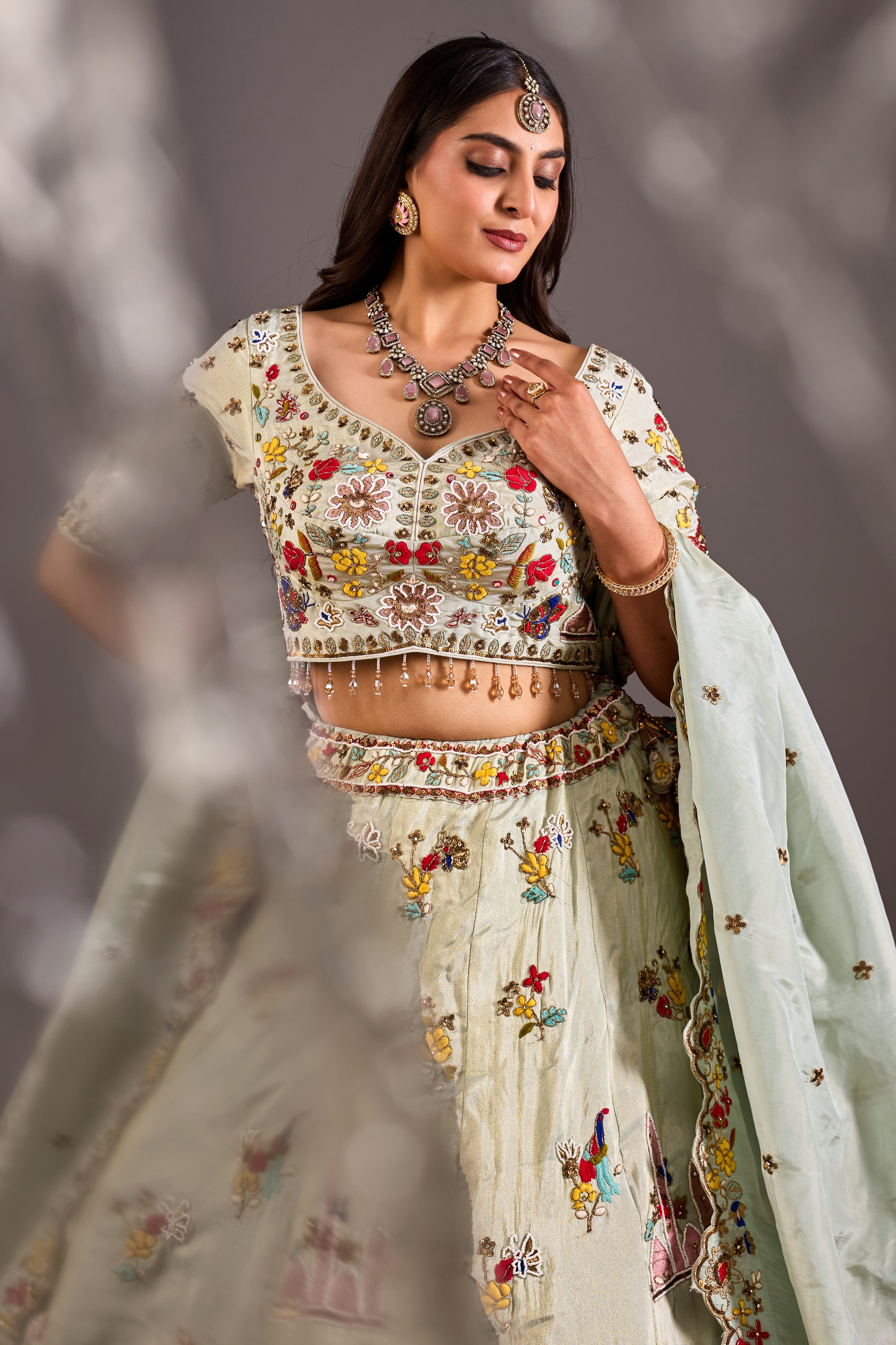 Pastel Peacock Paradise Heavy Embroidered Wedding Lehenga