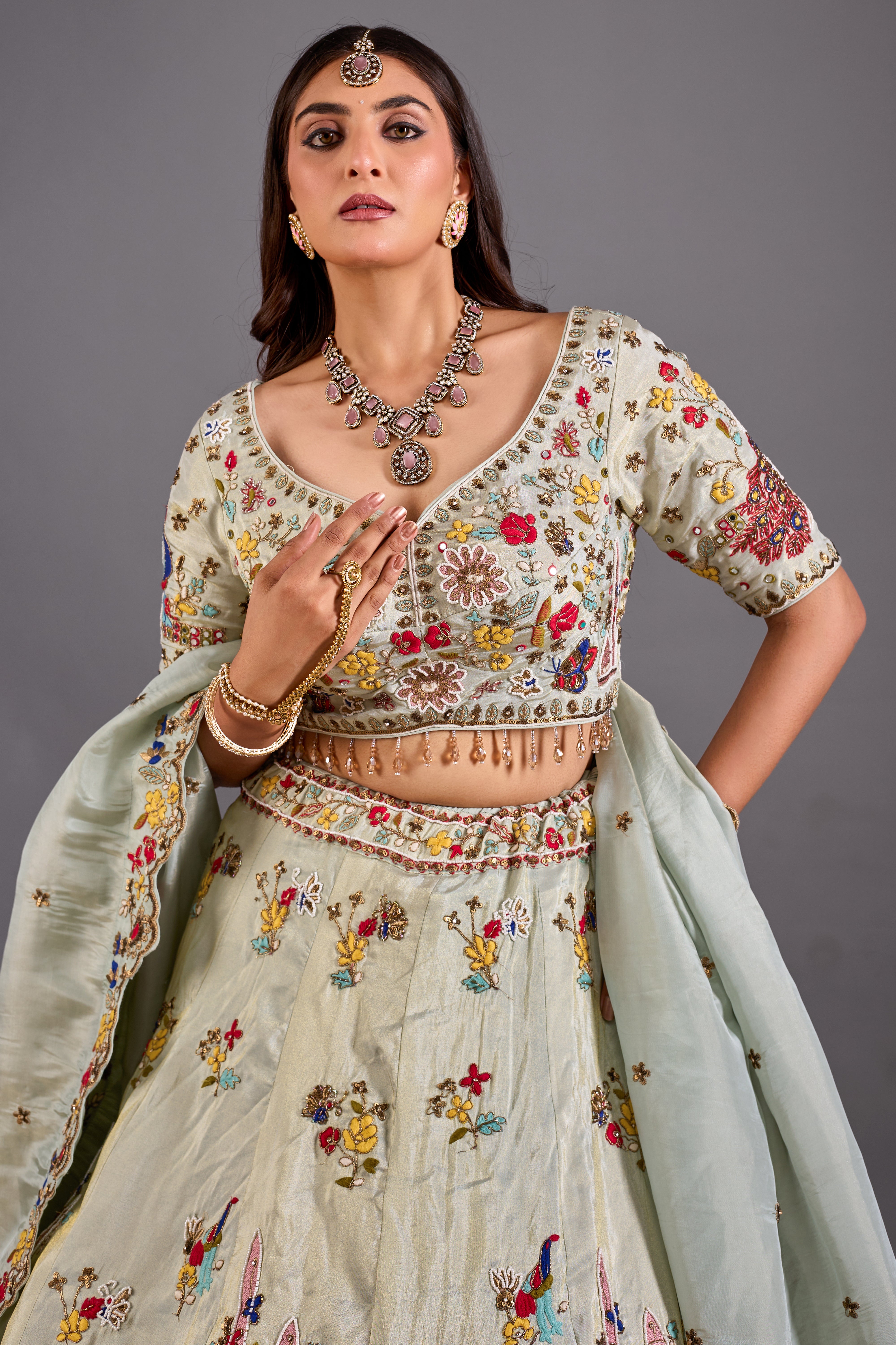 Pastel Peacock Paradise Heavy Embroidered Wedding Lehenga