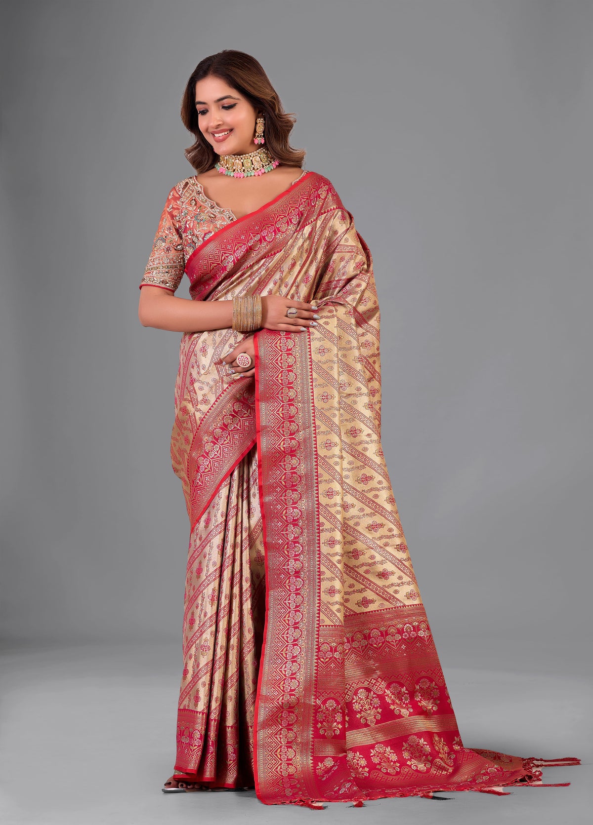 Red & Gold Banarasi Style Silk Saree with Heavy Stitched Blouse