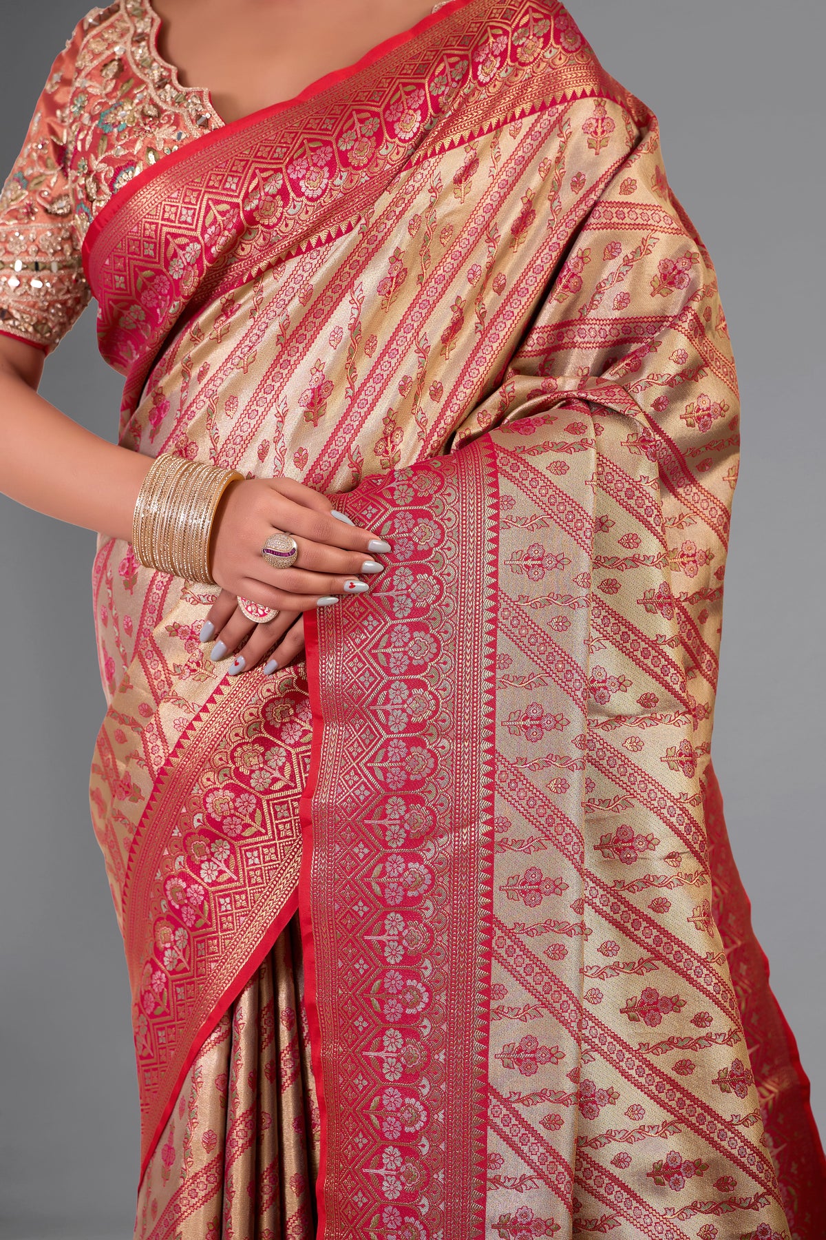 Red & Gold Banarasi Style Silk Saree with Heavy Stitched Blouse