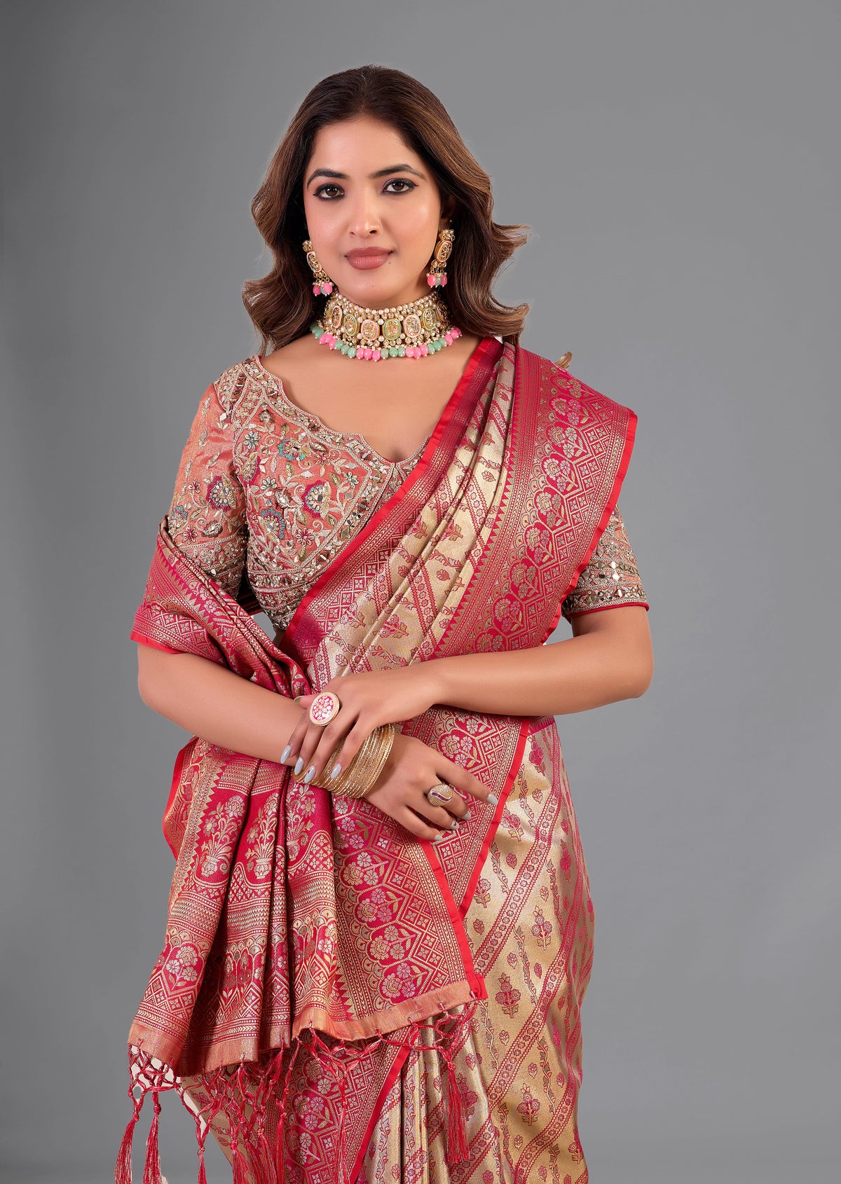 Red & Gold Banarasi Style Silk Saree with Heavy Stitched Blouse