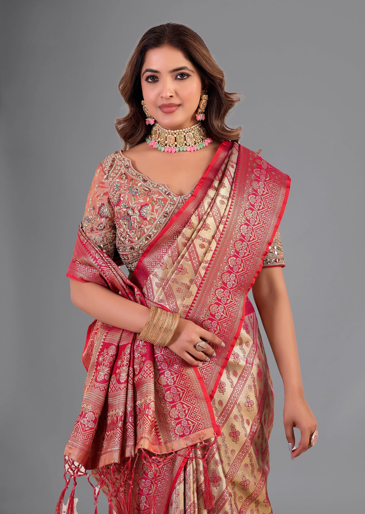 Red & Gold Banarasi Style Silk Saree with Heavy Stitched Blouse