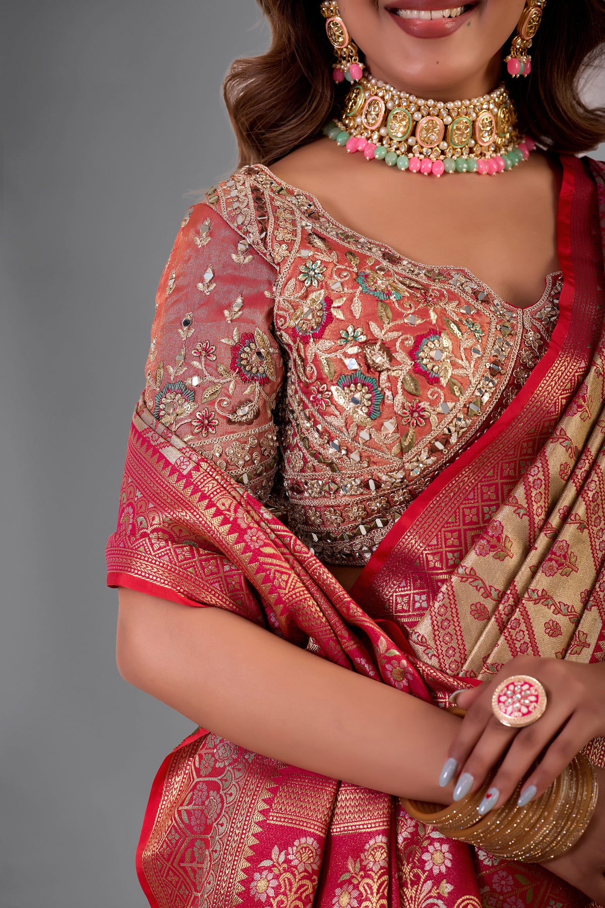 Red & Gold Banarasi Style Silk Saree with Heavy Stitched Blouse