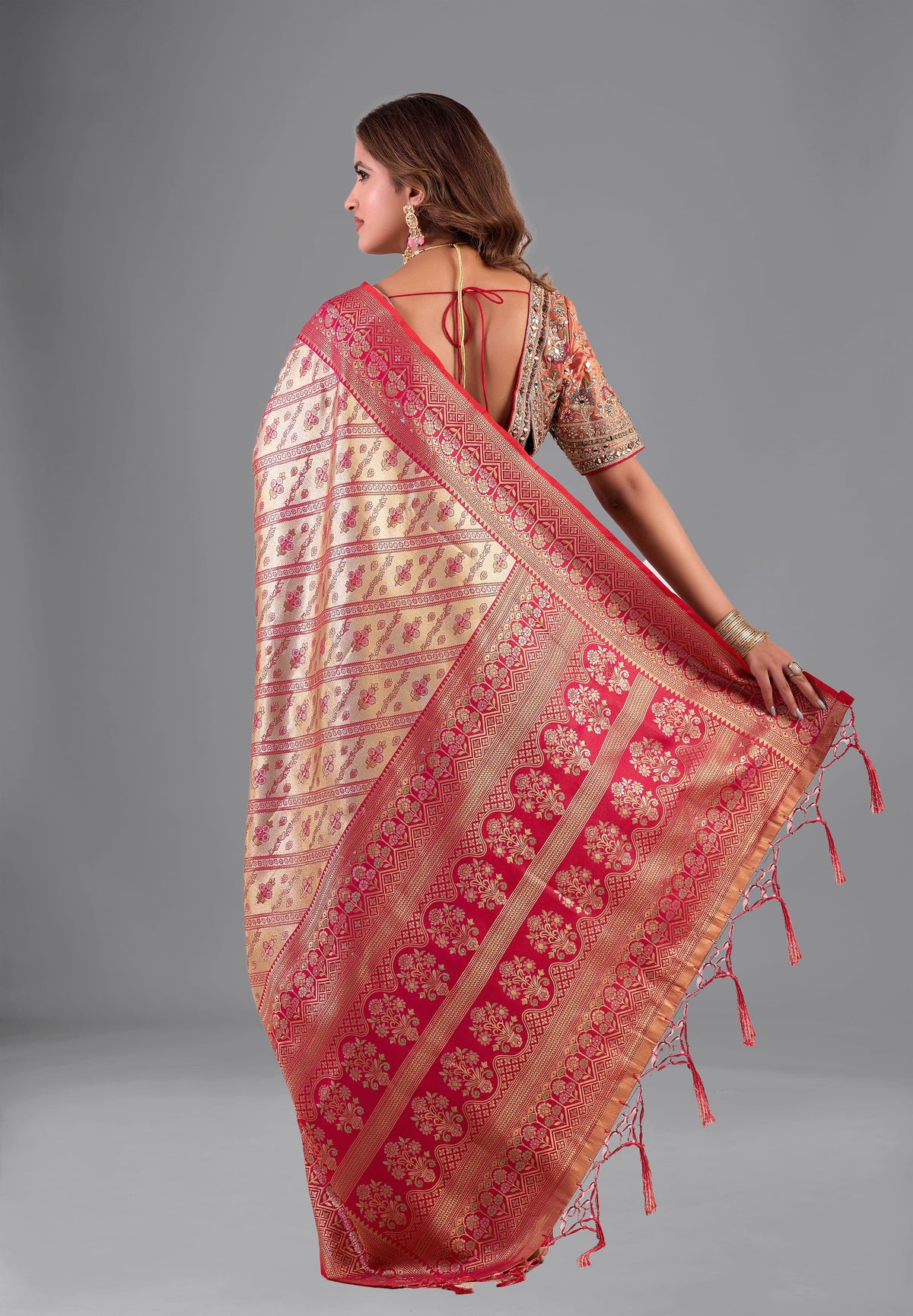 Red & Gold Banarasi Style Silk Saree with Heavy Stitched Blouse