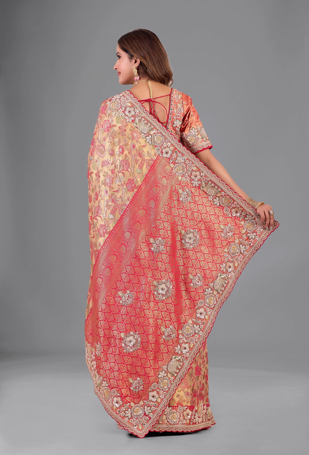 Red–Mustard Kanjivaram Silk Saree with Heavy Zari Border, Sequin & Cutdana Work