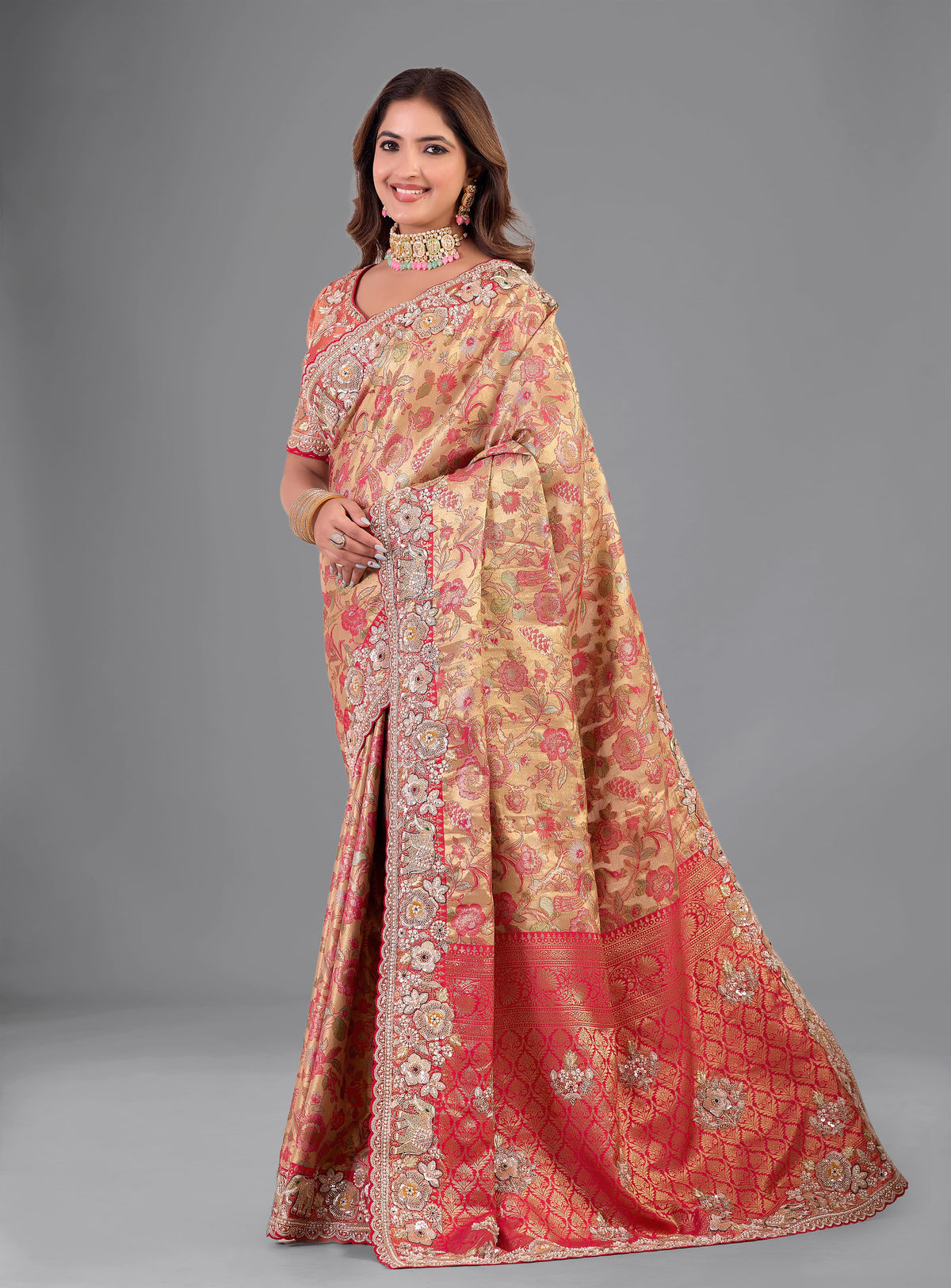 Red–Mustard Kanjivaram Silk Saree with Heavy Zari Border, Sequin & Cutdana Work