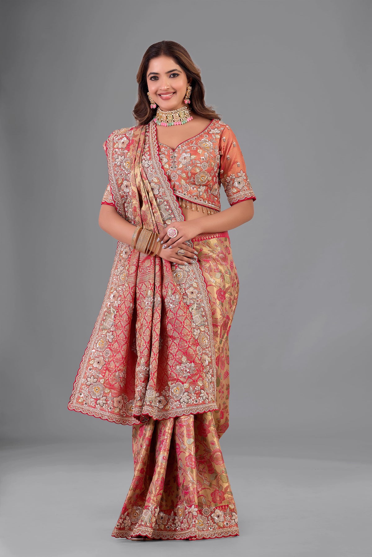 Red–Mustard Kanjivaram Silk Saree with Heavy Zari Border, Sequin & Cutdana Work