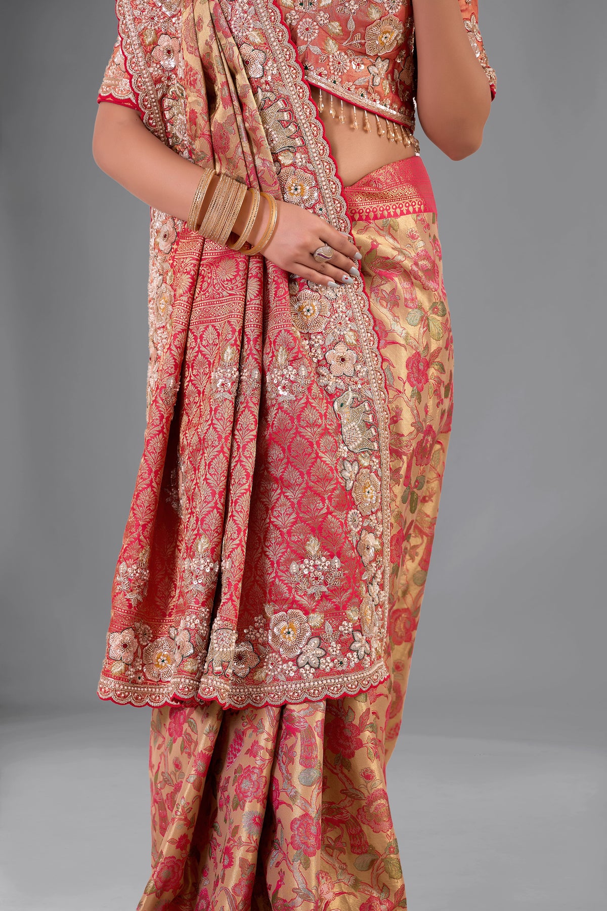 Red–Mustard Kanjivaram Silk Saree with Heavy Zari Border, Sequin & Cutdana Work
