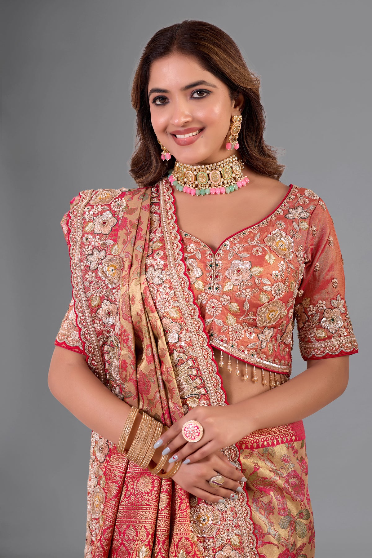 Red–Mustard Kanjivaram Silk Saree with Heavy Zari Border, Sequin & Cutdana Work