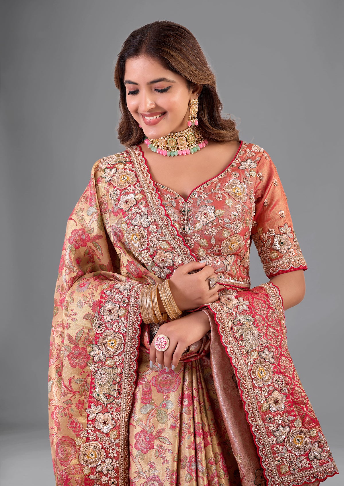 Red–Mustard Kanjivaram Silk Saree with Heavy Zari Border, Sequin & Cutdana Work