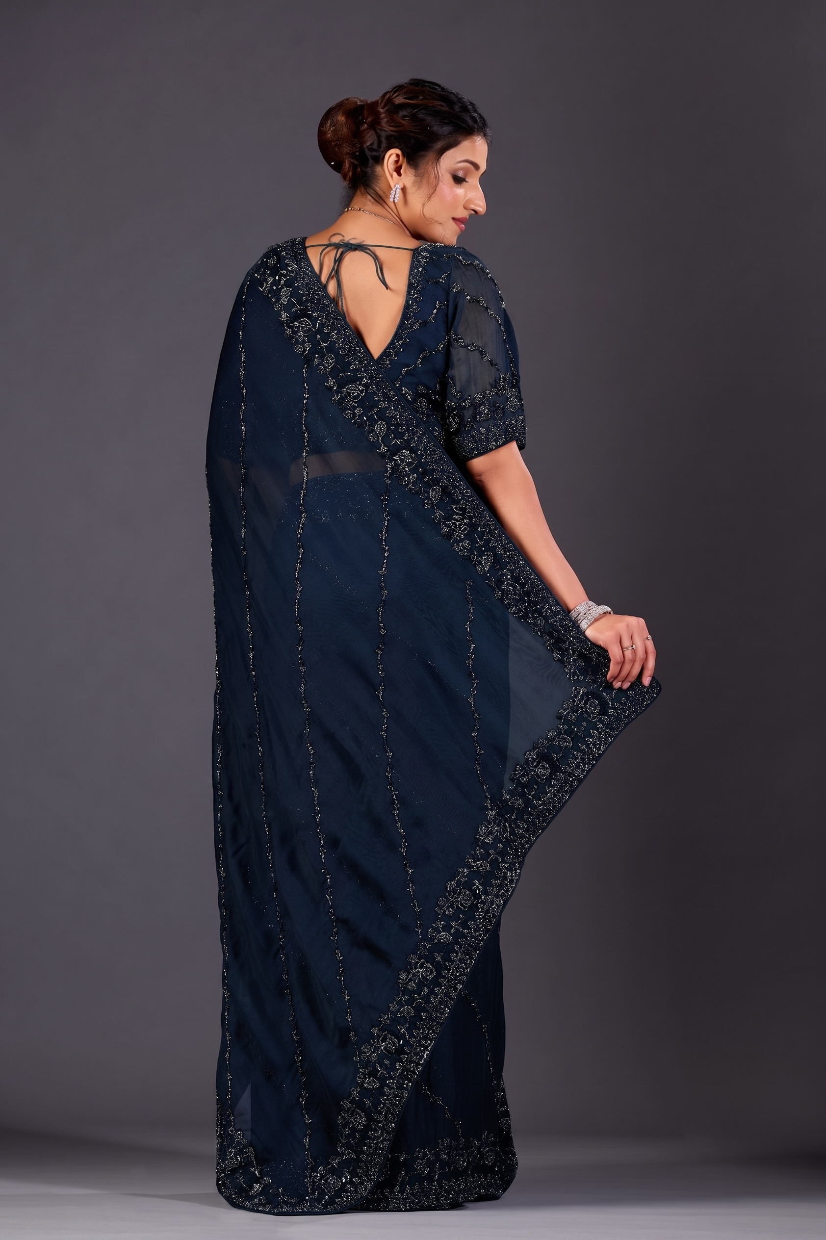 Premium Navy Blue Organza Saree for Party & Festive Wear