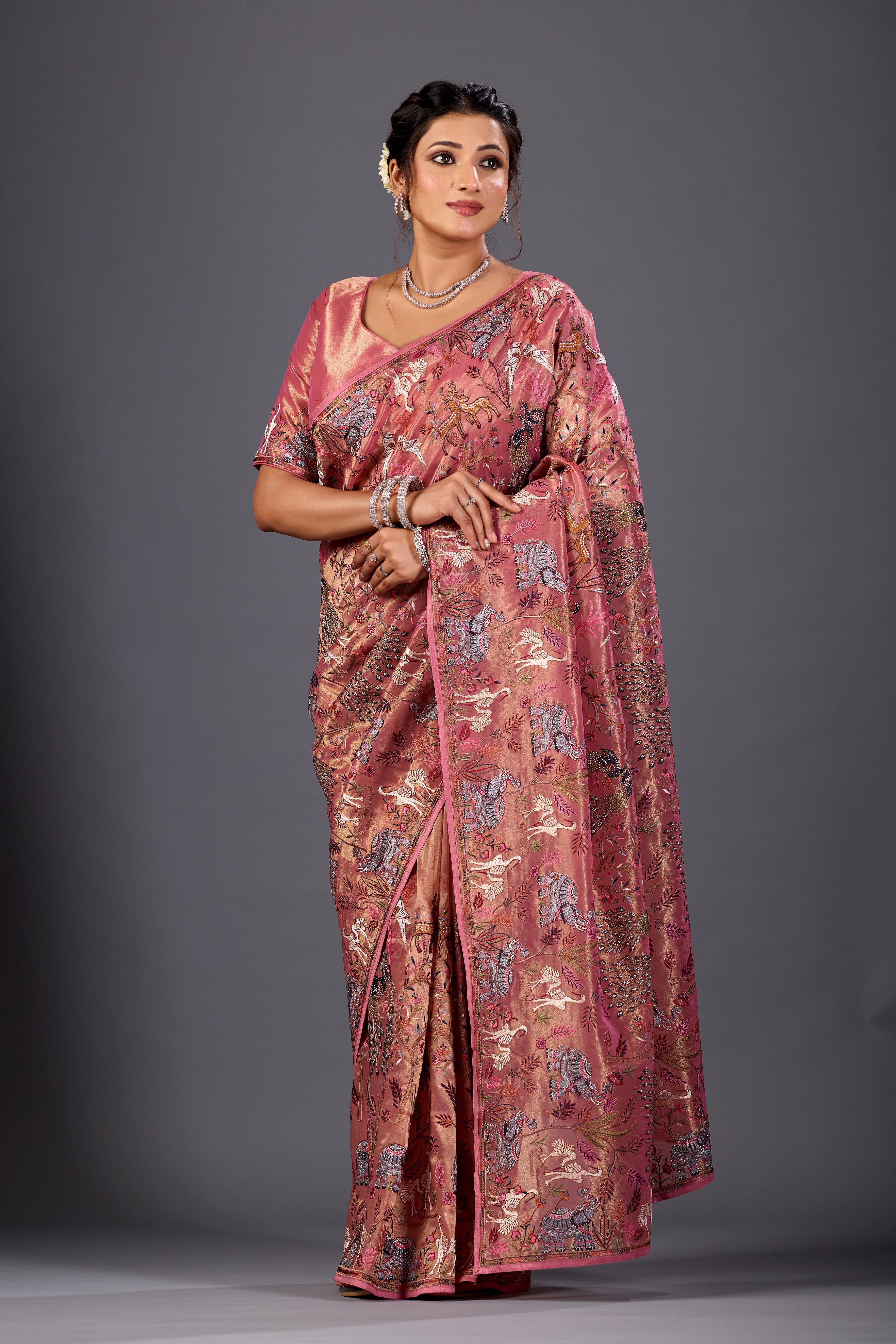 Dusky Rose  Giraffe Woven Saree With Nature Motif Embrodiery