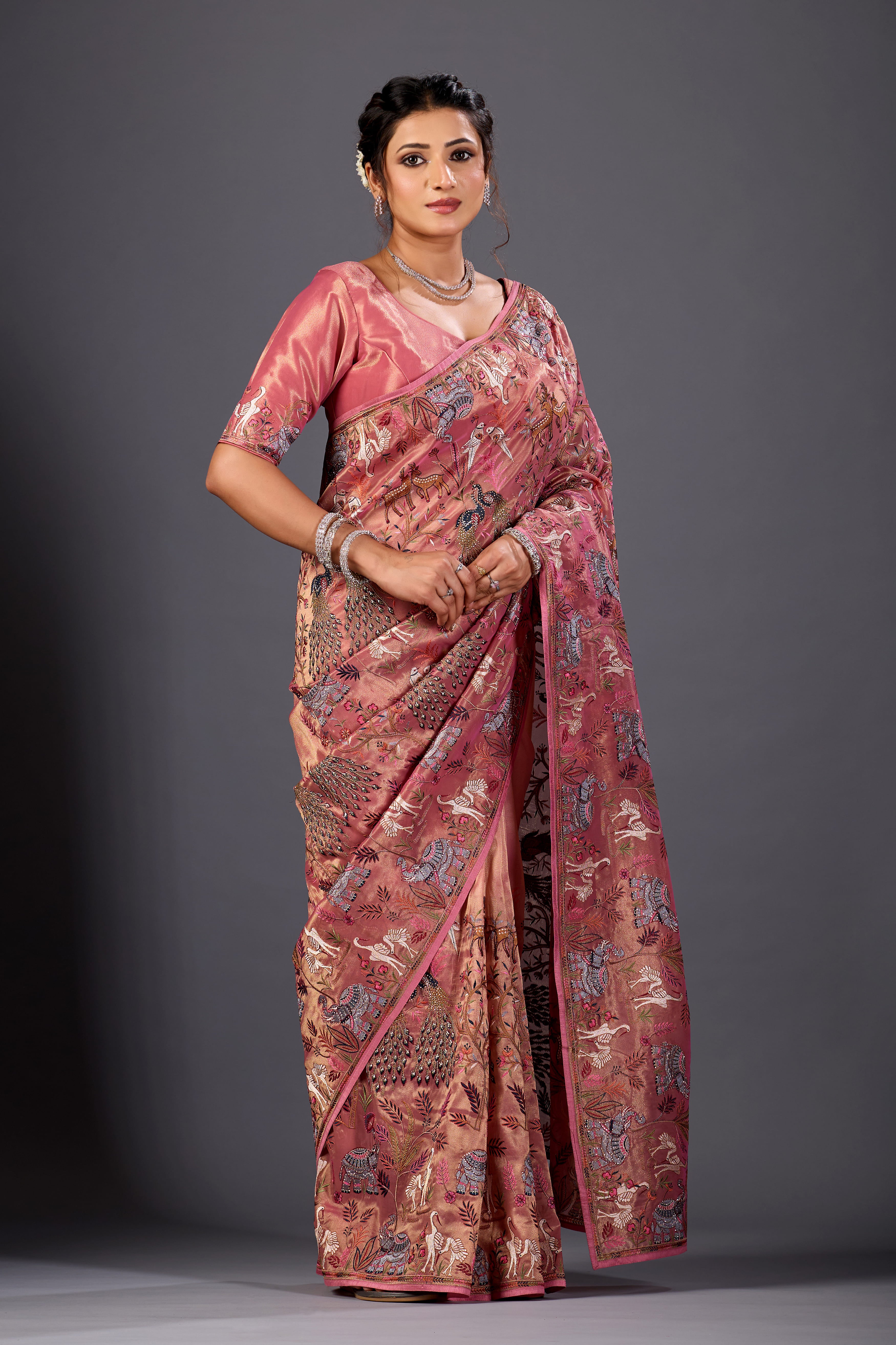 Dusky Rose  Giraffe Woven Saree With Nature Motif Embrodiery