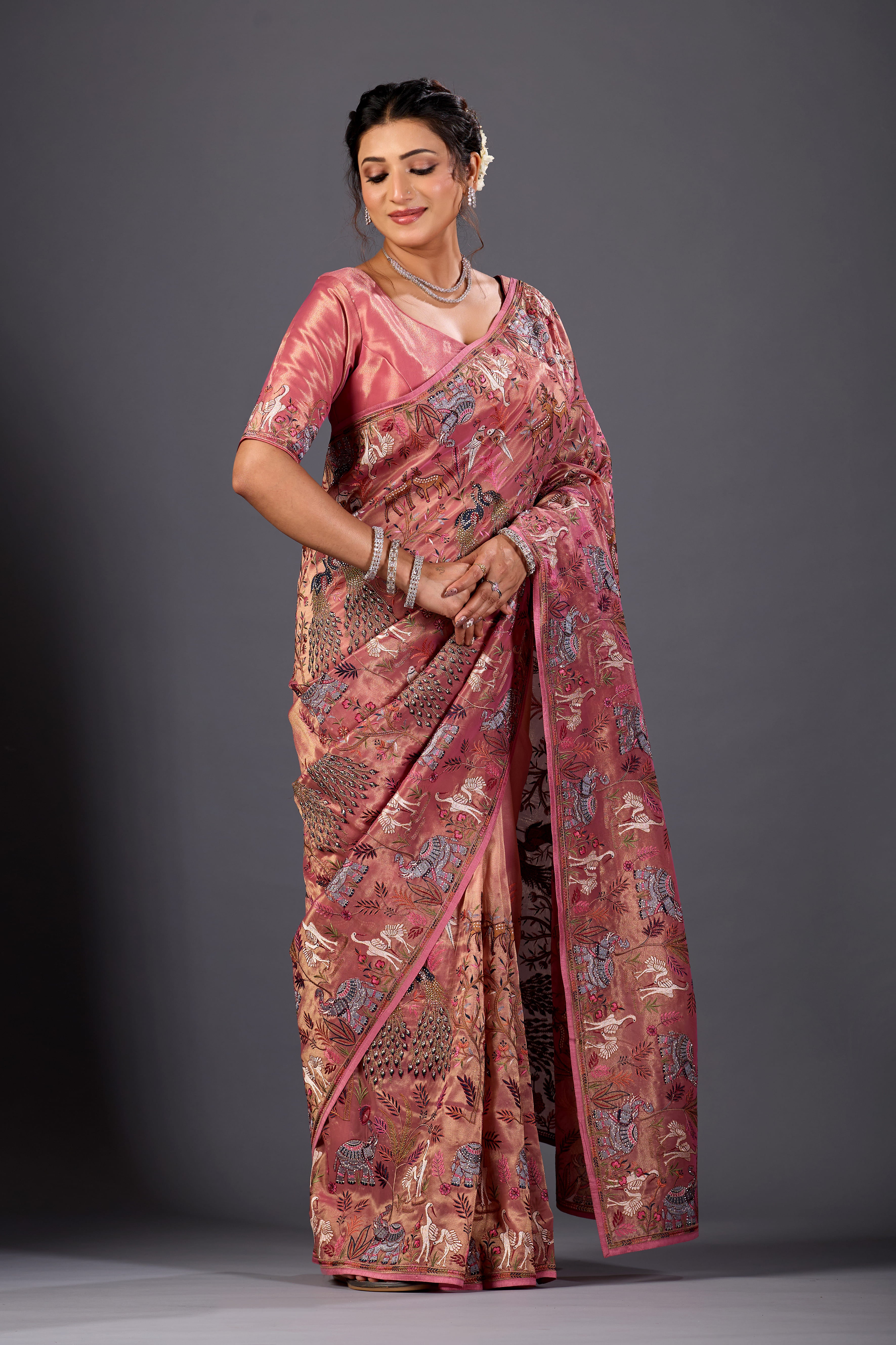 Dusky Rose  Giraffe Woven Saree With Nature Motif Embrodiery