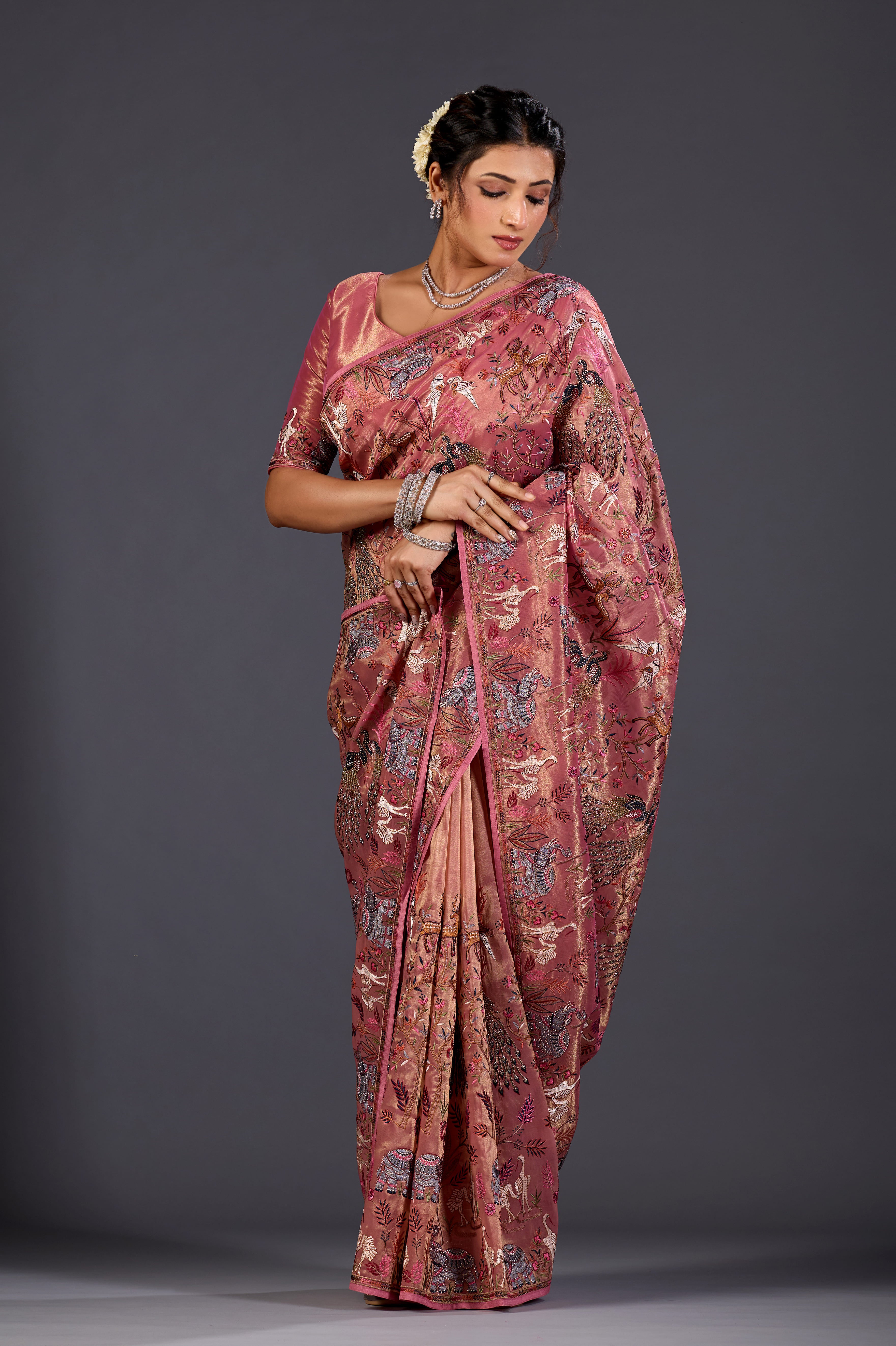 Dusky Rose  Giraffe Woven Saree With Nature Motif Embrodiery