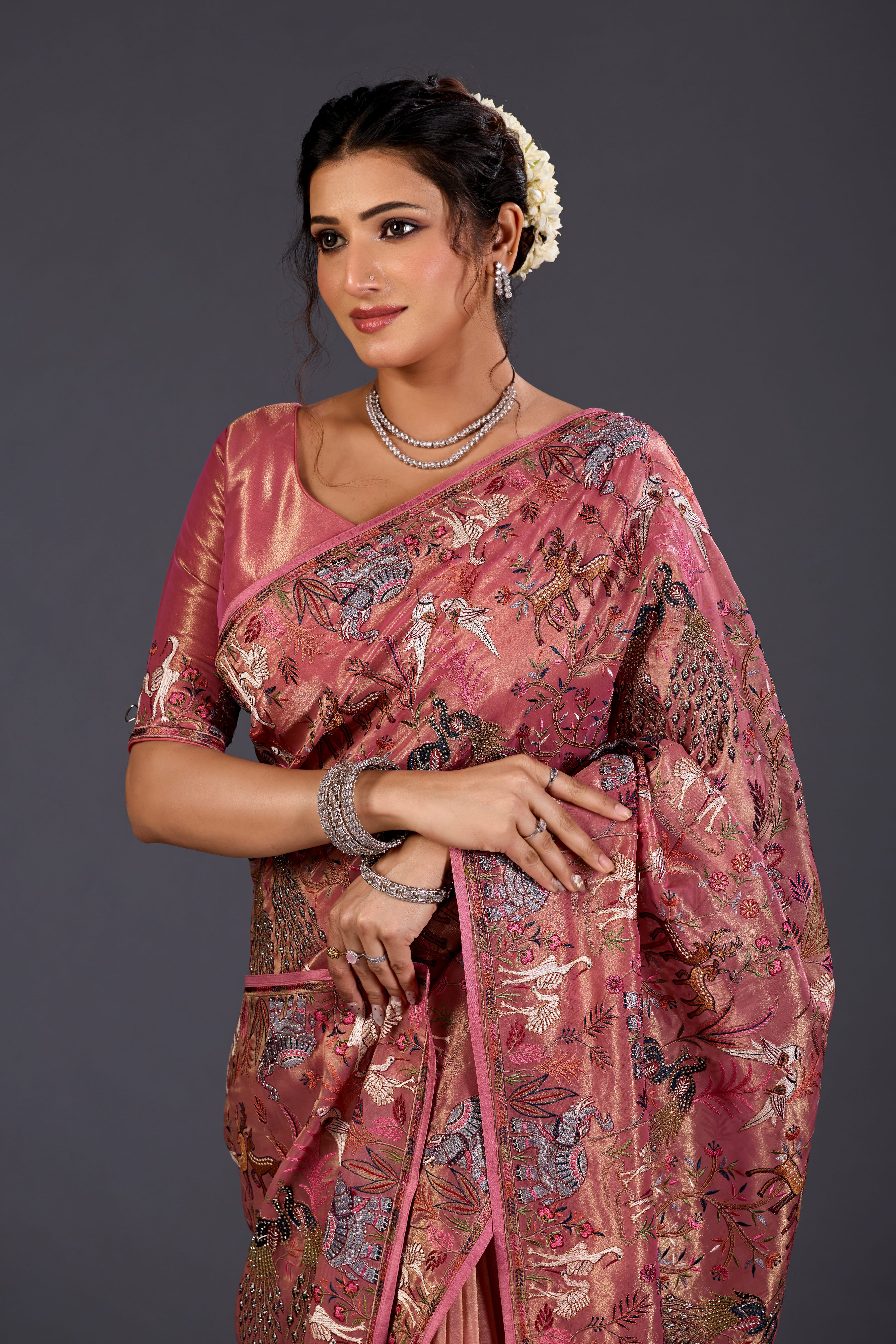 Dusky Rose  Giraffe Woven Saree With Nature Motif Embrodiery